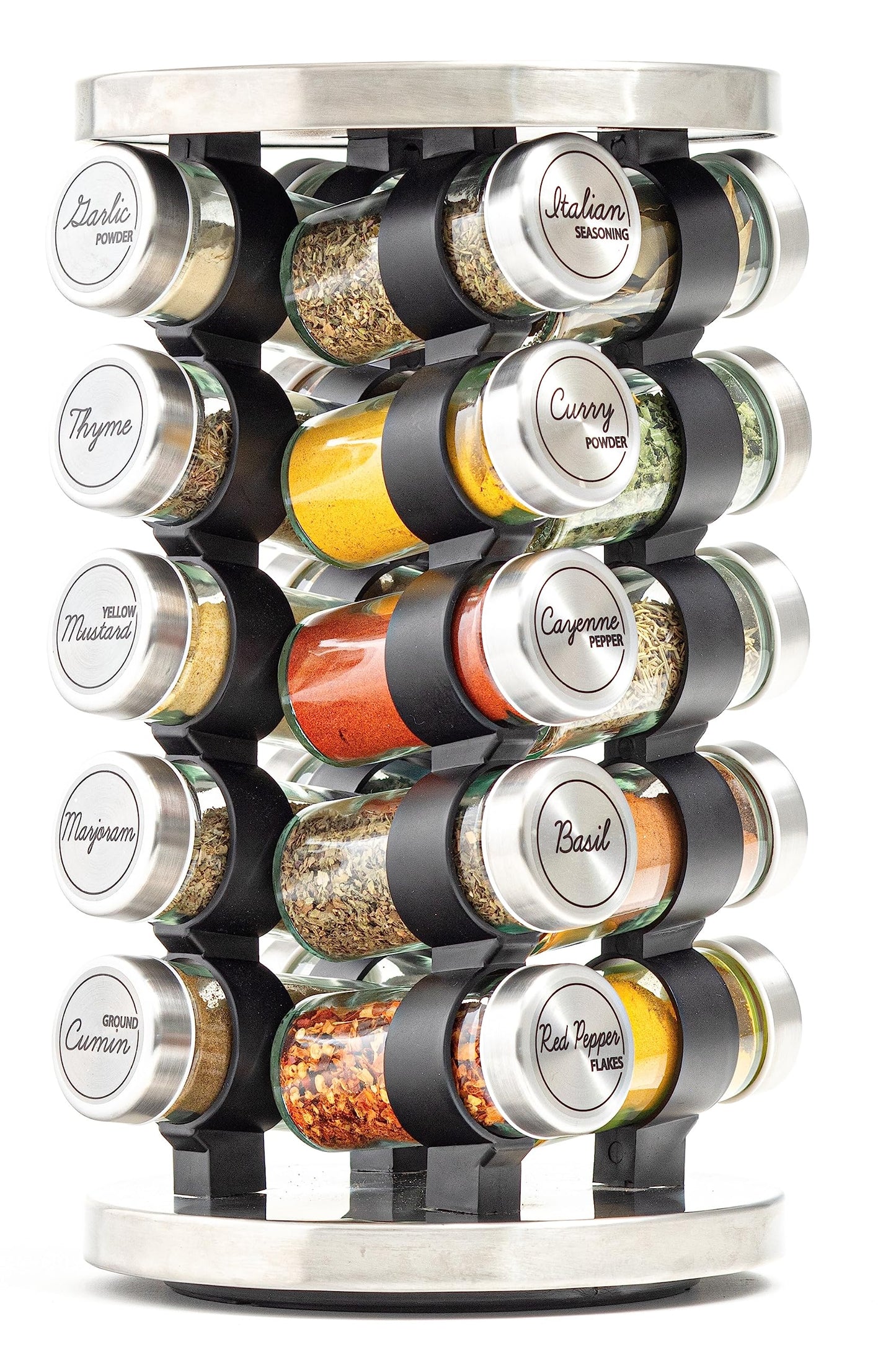 Orii 20 Jar Rotating Spice Rack with Spices Included & 5-Year Free Spice Refill Program – Stainless Steel Revolving Countertop Spice Rack with 3 oz Glass Jars