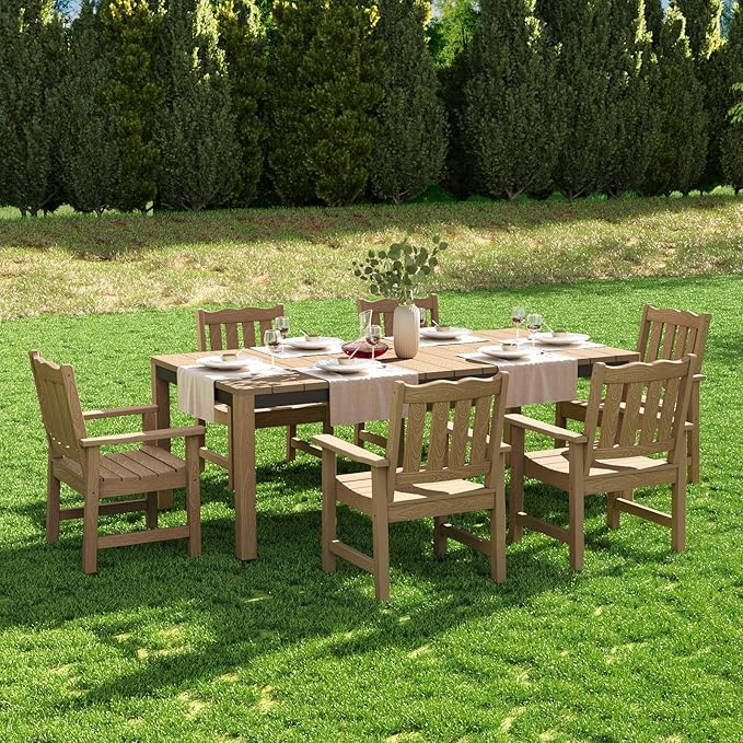 Stoog 7-Piece All-Weather Patio Dining Set, HIPS Dining Table with Cross-Braced Aluminum Frame & Umbrella Hole, 6 Waterproof Chairs, Fade & Rot Resistant, for Backyard, Garden, Deck, Teak