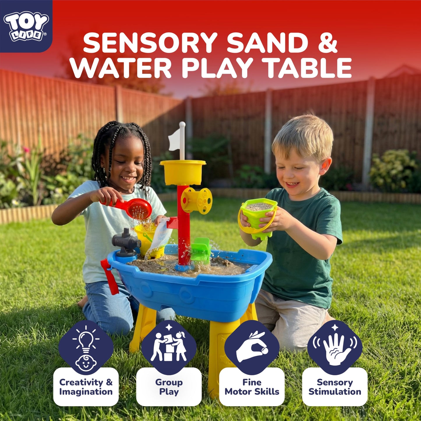TOY Life Pirate Ship Water Table Set with 13 Gold Coins, 10 Gems, 6 Molds, 3 Shovels and Cup, Sand and Water Play Table for Kids, Indoor and Outdoor Use