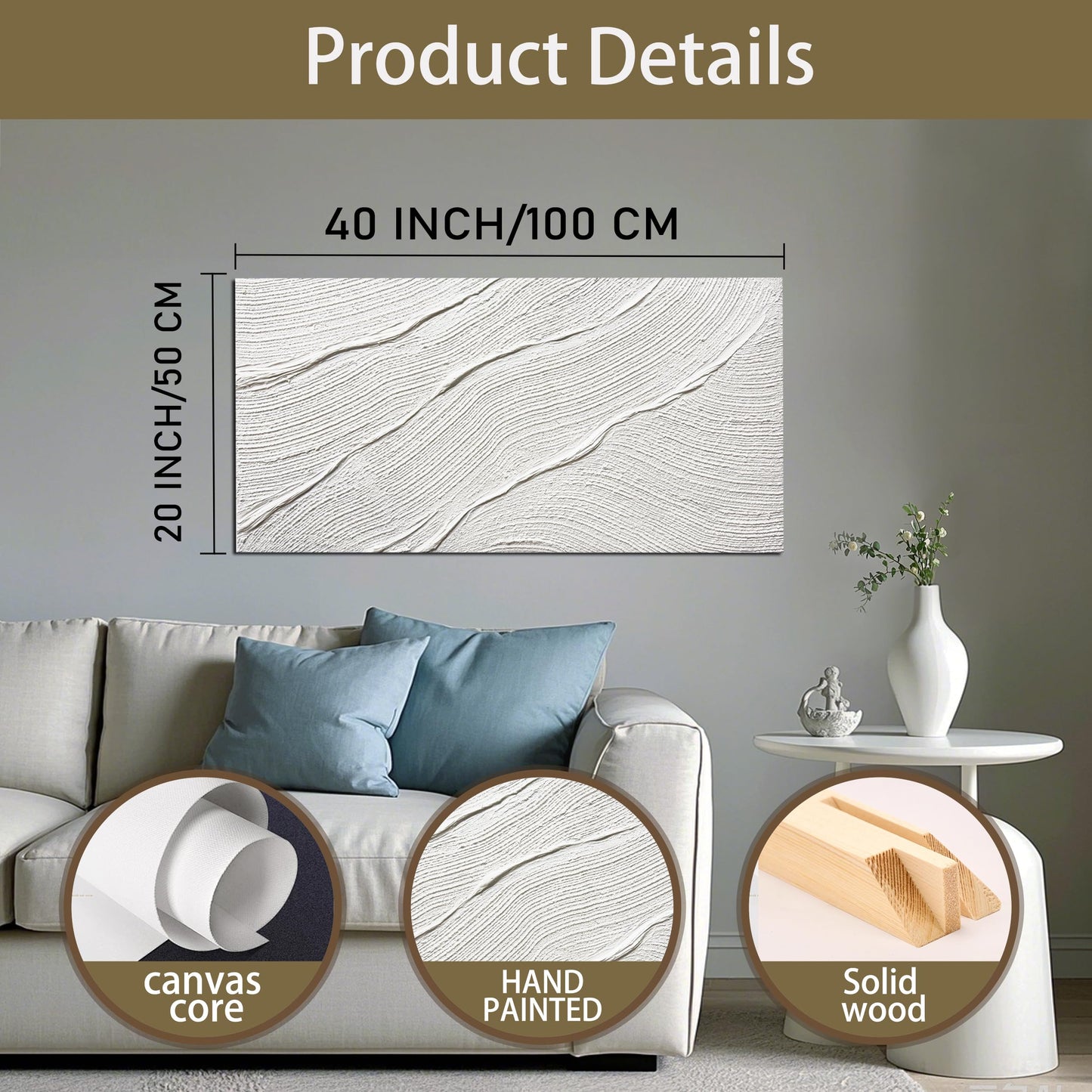 Tarfupth Large Abstract Canvas Wall Art for Living Room White Minimalist Textured Painting Hand Painted Modern Neutral Artwork for Bedroom Office Decor 20"x40"