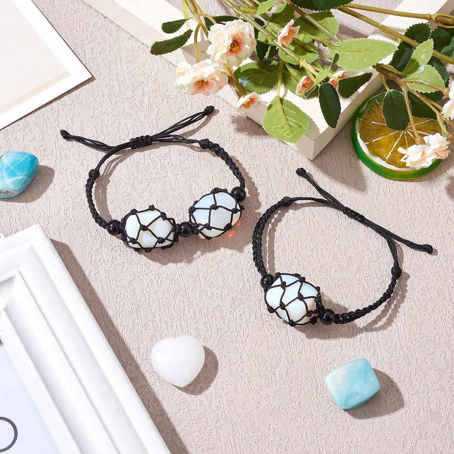 WEWAYSMILE 2 Pcs Empty Crystal Bracelet Holder Adjustable Stone Cage Cord Nylon Braided Netted Holder Crystal Bracelets Cord for DIY Bracelet Making(Black)