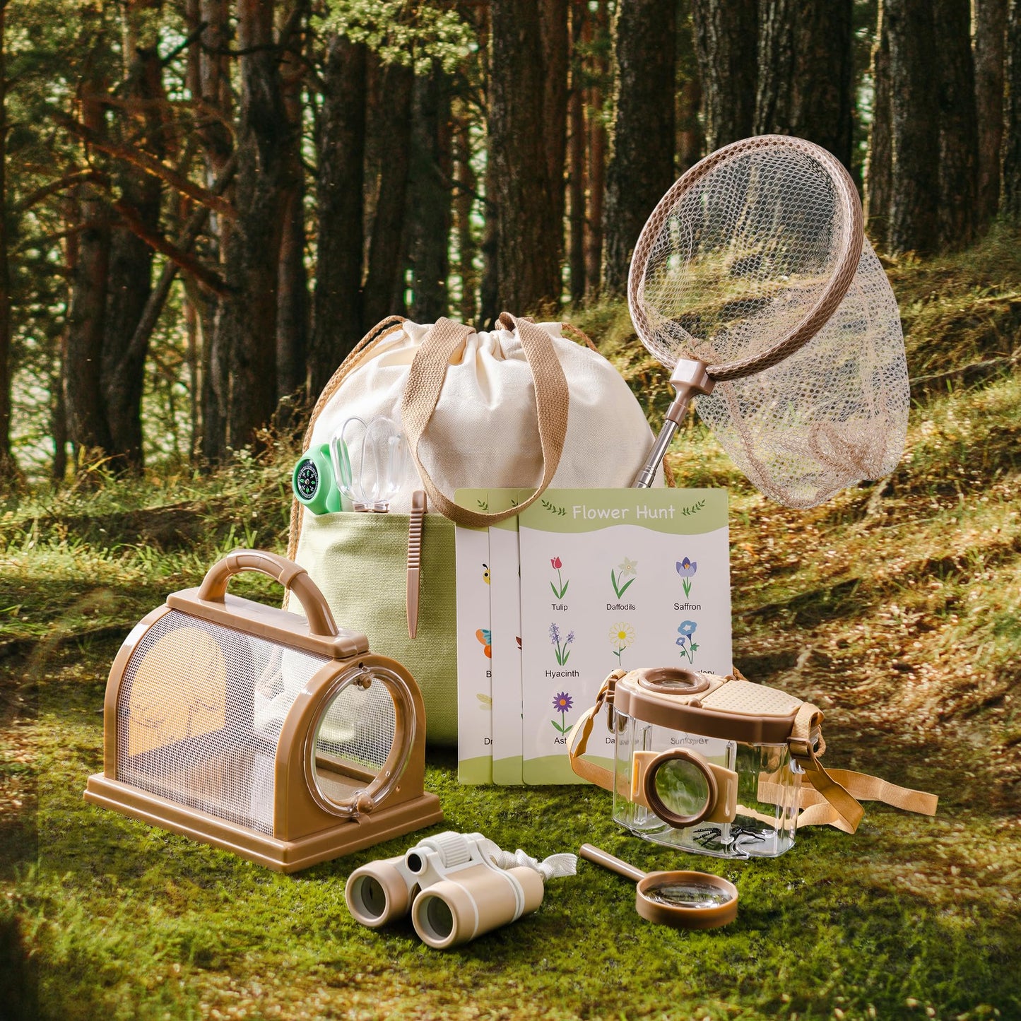 ROBOTIME Explorer Kit & Bug Catcher Kit for Kids, 12PCS Bug Catching Kit, Outdoor Bug Collection with Kids Binoculars, Butterfly Net, Insect Box, Magnifying Glass and Compass Watch for Toddlers 3-12