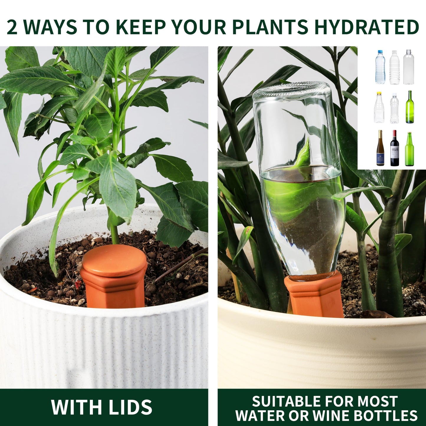 Soilagua Large Terracotta Watering Spikes with Lids, Automatic Plant Waterer Outdoor | Indoor, Vacation Friendly Clay Plant Watering Devices System, Slow Release Self Watering Planter Insert, 6 Pack