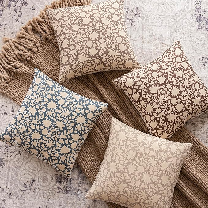 Foindtower Set of 2 Decorative Neutral Floral Throw Pillow Covers Accent Farmhouse Cushion Covers Boho Vintage Pillowcase for Couch Sofa Bedroom Living Room Home Decor,24×24 Inch,Dusty Blue