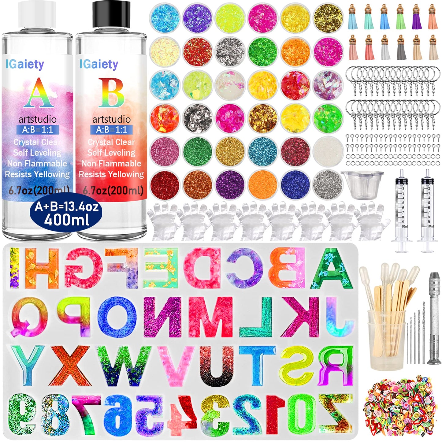IGaiety Letter Molds Backward Alphabet Mold Starter Kit 206 pcs Silicone Number Molds Epoxy Resin Mold with Accessories for Resin Beginner Jewelry Keychain Craft Making Casting Large Set