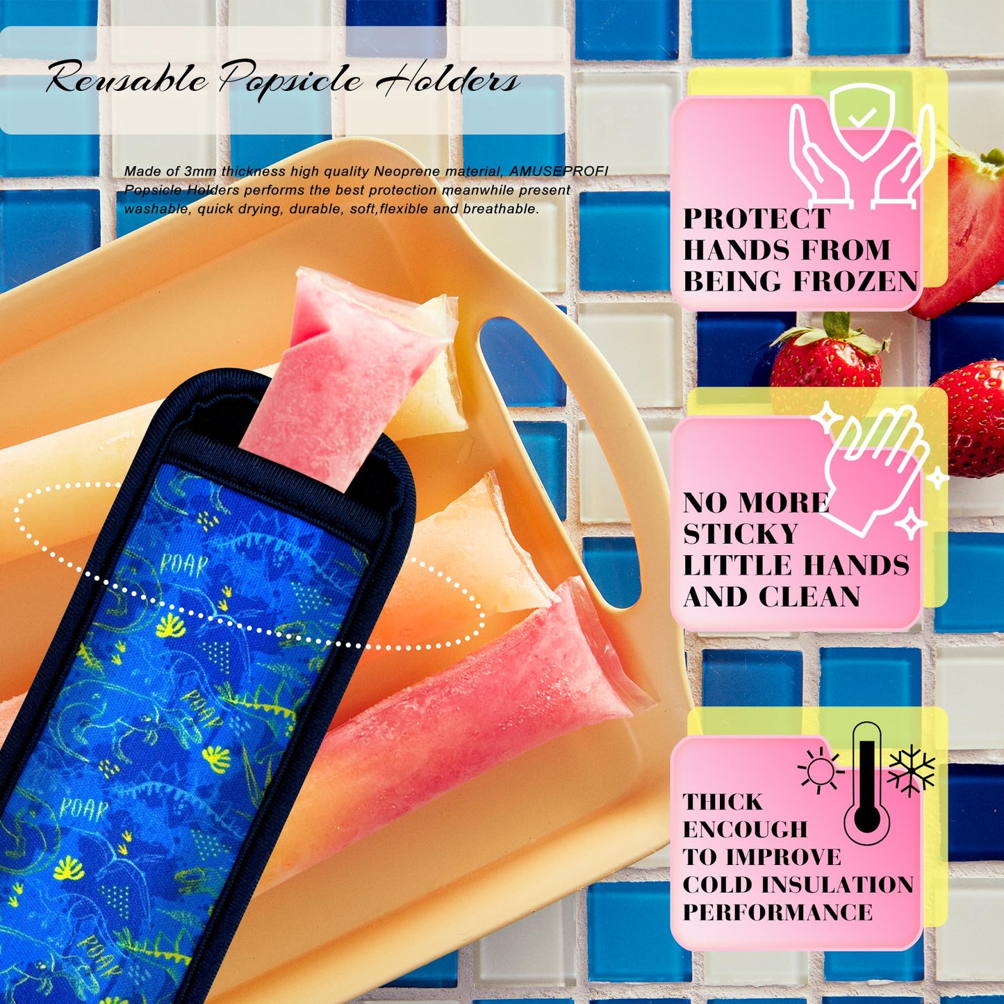 AMUSEPROFI 10 Pack Reusable Popsicle Holders Ice Pop Sleeves Anti freezing Ice Pop Holders Ice Freezer Protective Cover Washable Ice Pop Neoprene Insulator Sleeve