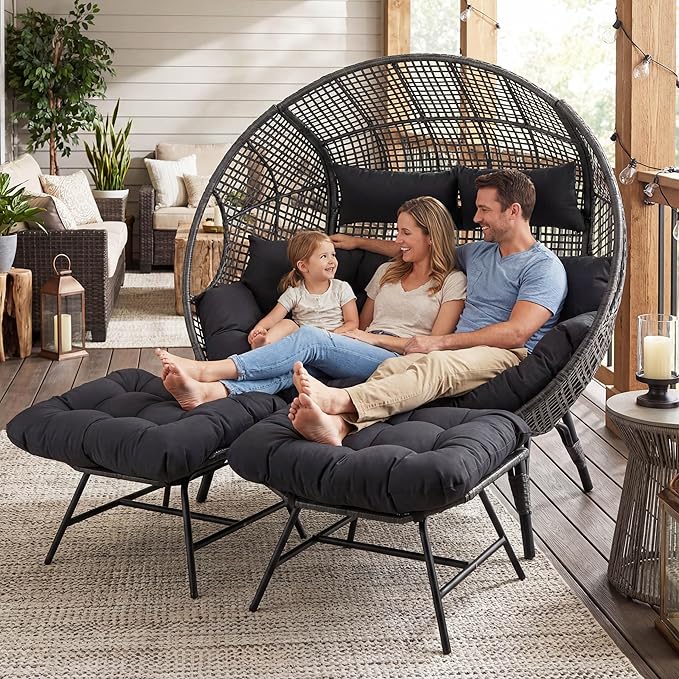 NICESOUL Indoor Outdoor Double Egg Chair with Footrest Padded Cushion, Oversized Wicker Twin Egg Shaped Chair Wide Seater with Ottoman, 2 People Loveseat Gray for Patio Porch Balcony