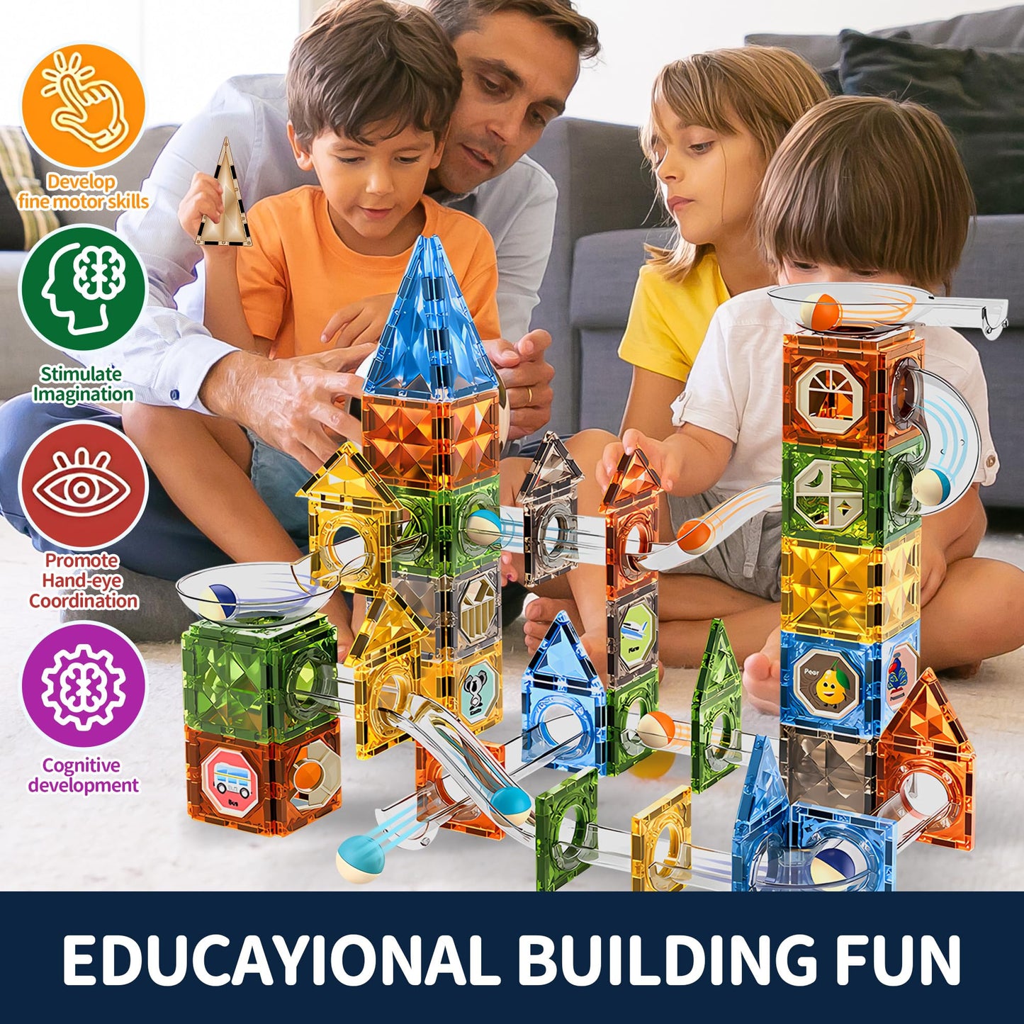 ROHSCE Glowing Magnetic Marble Run Set 142PCS, STEM Educational Magnet Building Toys, 4D Diamond Surface Light Magnetic Tracks, Creative Marble Maze Gift for Boys and Girls Ages 3-12