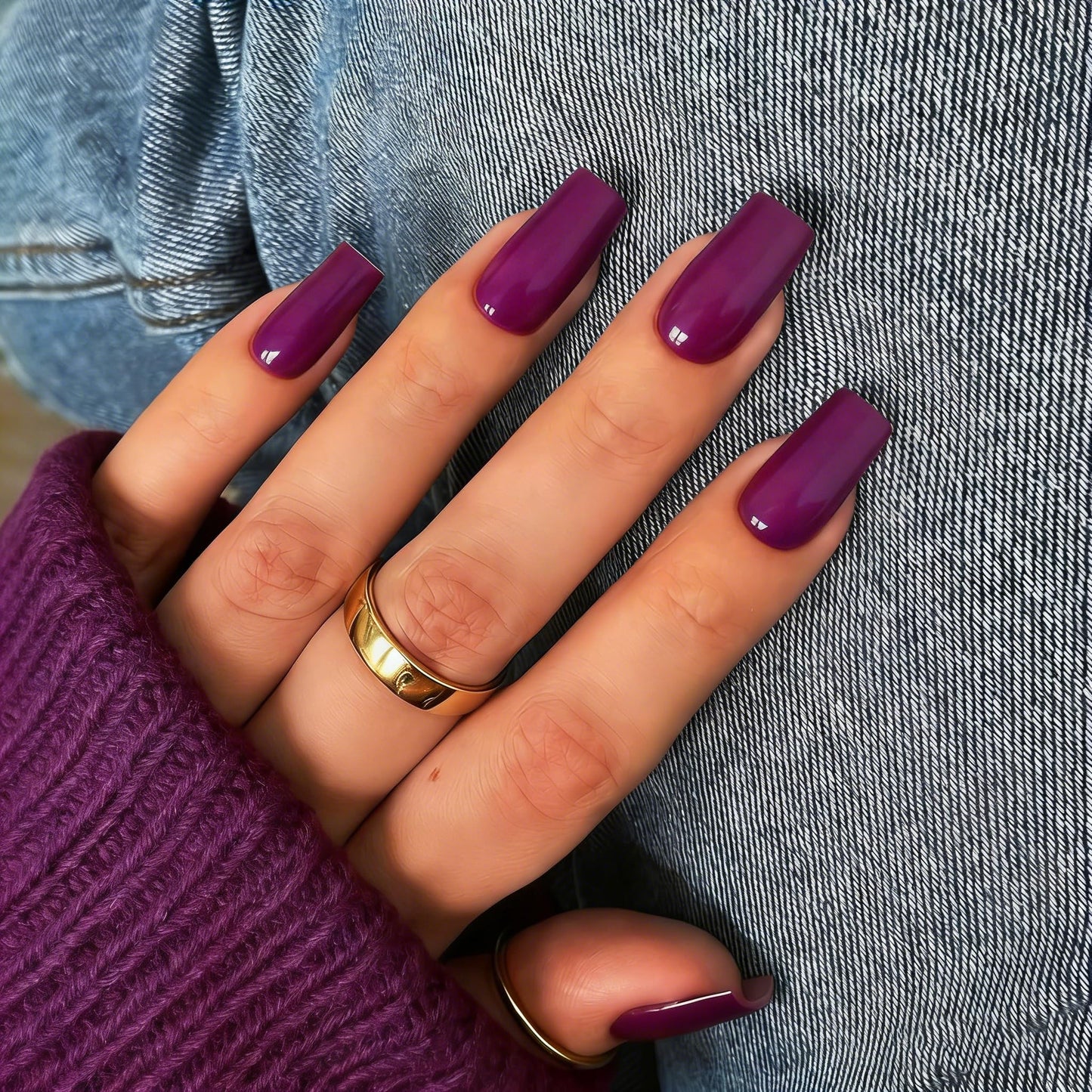 KQueenest Purple Press on Nails Long Medium Square, Berry Fake Nails Medium Coffin, Glossy Sheer Color Acrylic Nails Press ons, Reusable Dark Soft Gel Glue on Nails for Women DIY Manicure