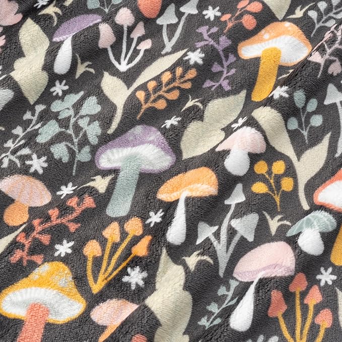 Berkshire Blanket-Classic Heavyweight Soft Printed VelvetLoft® Plush Throw Blanket, Cozy and Fuzzy, Mushroom Cutie Charcoal, 50in x 70in