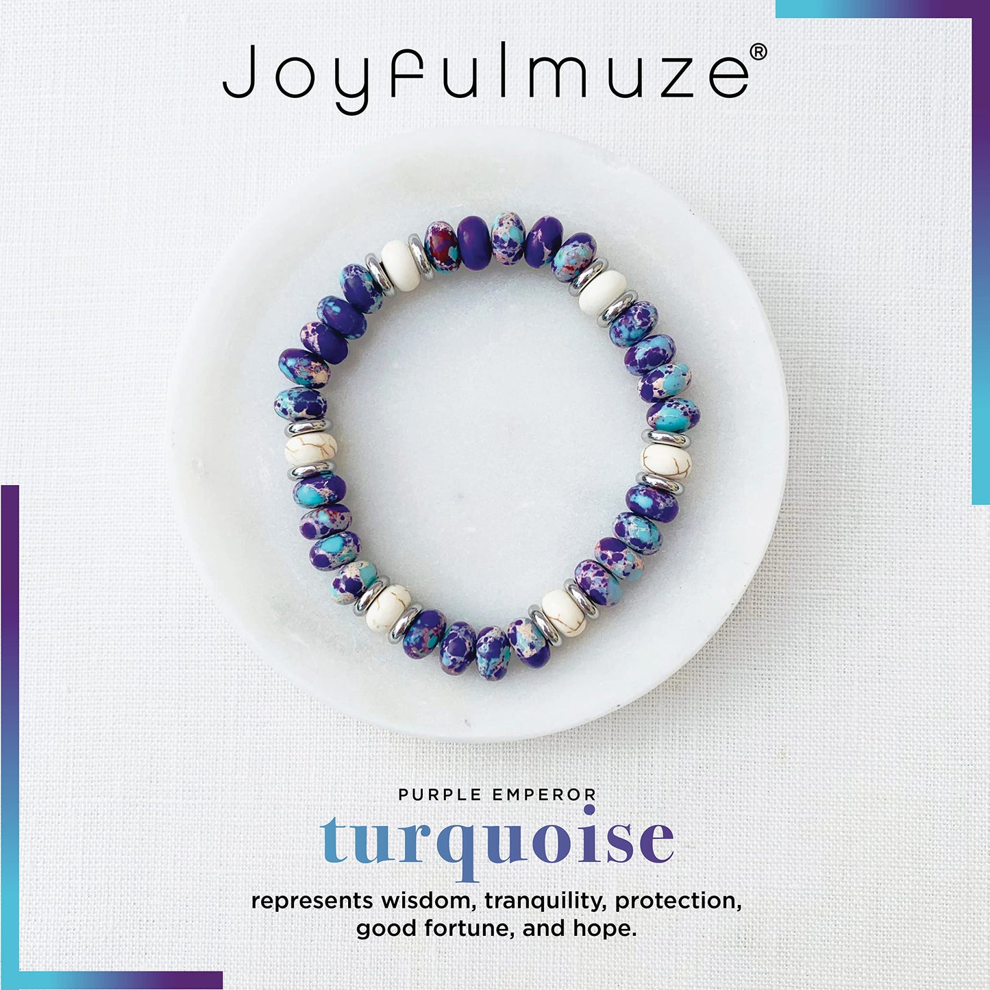 Joyfulmuze Purple and Blue Beaded Bracelets For Women, Emperor Turquoise and White Lava Marble Stone, Handmade Stretchable Multi Color Unisex Gift (Purple-Emperor+White-Marble-Lava)