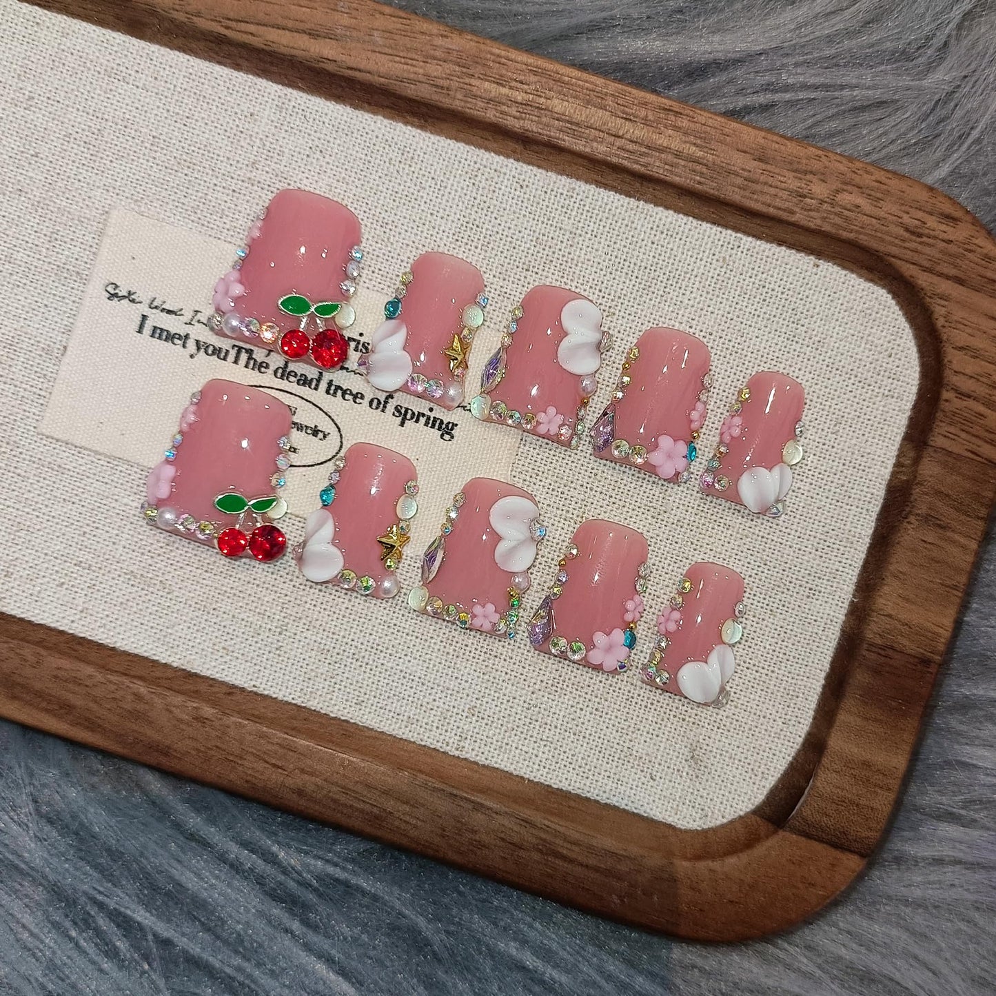 TENPAL Duckbill Shape Press on Nails with Kit,3D Floral Carving Cherry Blush Pink Fake Nails with Tools,Sparkling Icy French Tips False Nails with Rhinestone,Sweet Glazed Artificial Duckbill Nails(S)
