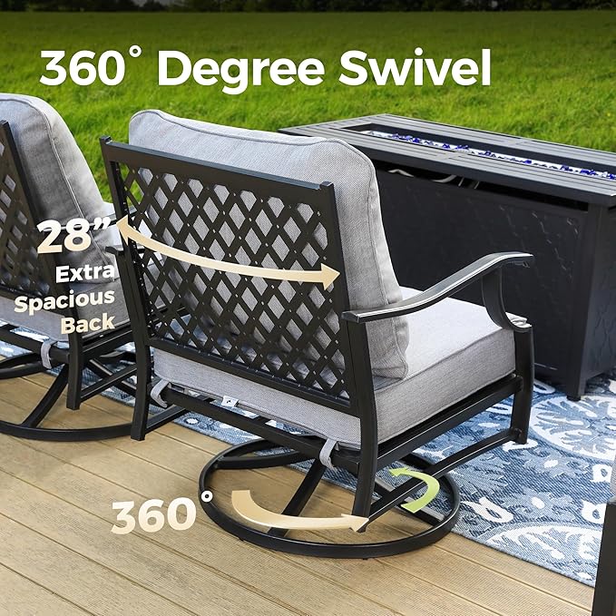 Patio Furniture Set with Firepit Table, 4 Pcs Metal Outdoor Conversation Set, 2 Swivel Chairs and 3 Seater Sofa with 5.75" Extra Thick Cushion and Gas Fire Pit Table for Backyard Deck, Grey