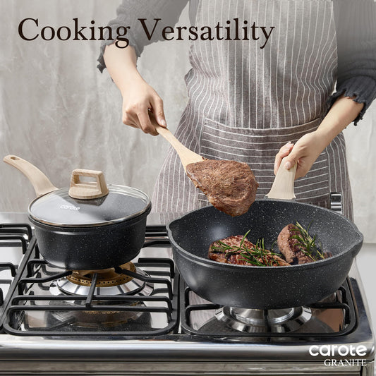 CAROTE 12 Inch Nonstick Deep Frying Pan with Lid, 5.5 Qt Jumbo Cooker Saute Pan with Pour Spout, Skillet Induction Cookware, Non Stick Cooking Pan PFOA Free, Classic Granite