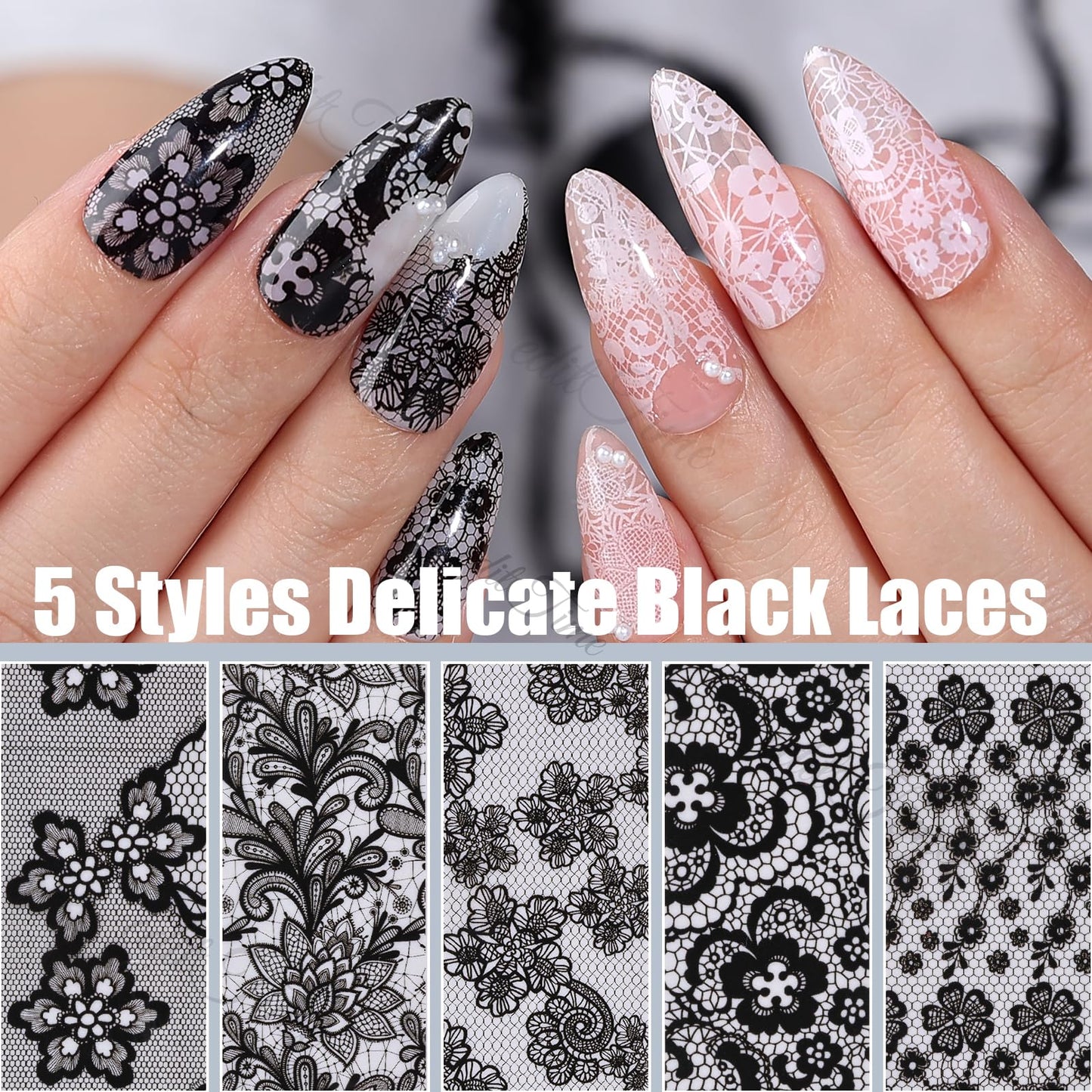 Lace Nail Foil Transfer Sheets, 15 Rolls Black White Flower Nail Art Transfer Foils Decals, Flower Nail Art Foils Decals Holographic Foils for Nails Manicure DIY Nails Decoration (10White+5Black)