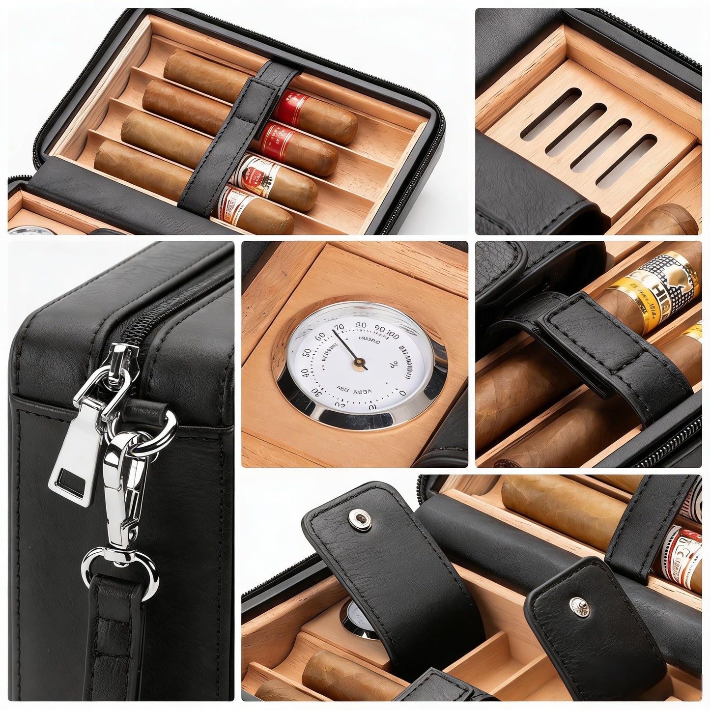 Cigar Humidor, Leather Cedar Wood Cigar Case with Multi-Functional，Hygrometer,Humidifier, Portable Cigar humidor,Carry Strap,Travel humidor Cigar Box, Cigar Gift for man.