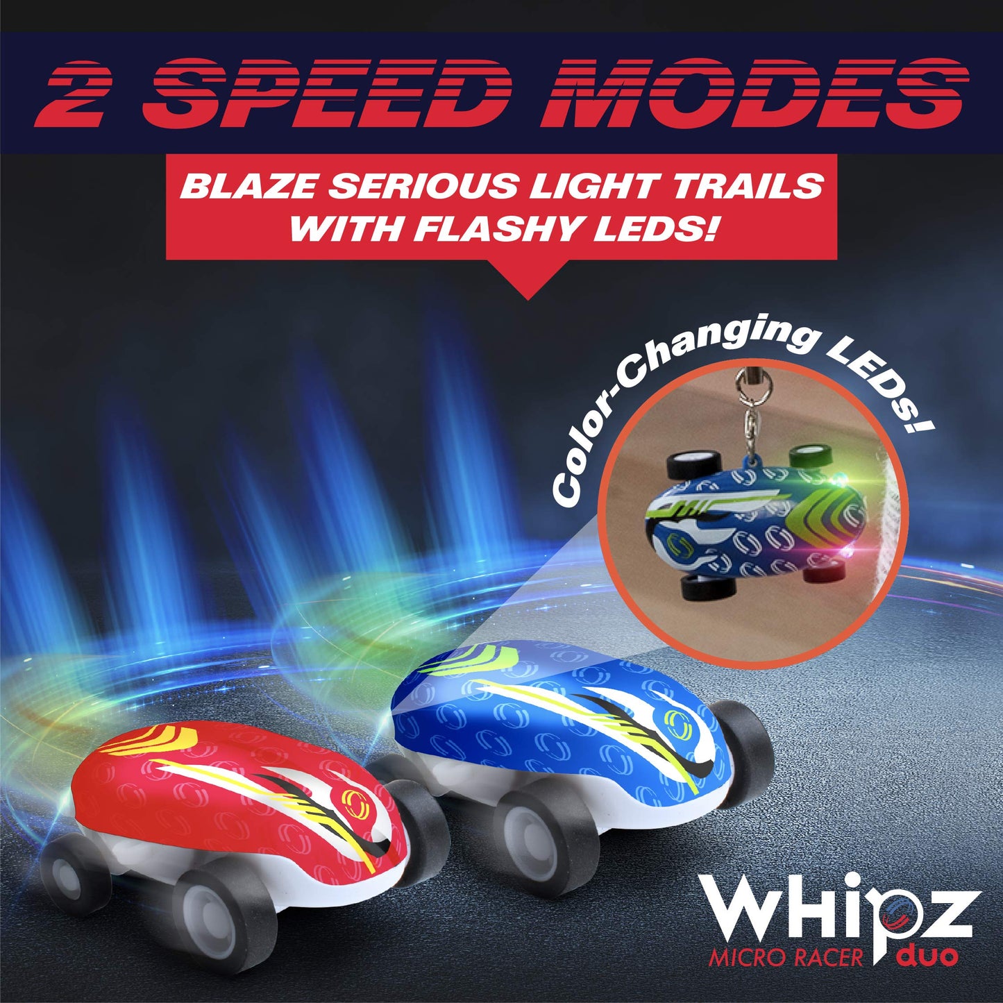 USA Toyz Whipz Duo Micro Racers Toy Cars for Kids - 2pk Mini Keychain, Glow in The Dark LED Fast Pocket Racers Fidget Toys, 2 Mini Cars with 2 Racing Stunt Balls, 2 Clips, and 2 USB Chargers