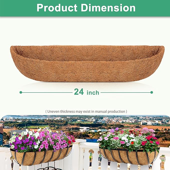Y&M 24" Coco Liner for Window Box Deck Basket Planter Trough Coconut Fiber Liners, 2pcs Trough Coco Liner Pre-Formed Replacement