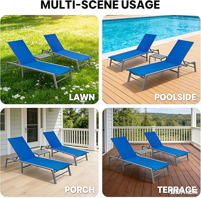 Kozyard 3-Pieces Patio Lounge Set, 2Foldable Adjustable Lounge Chairs and Side Table, Aluminum Frame, Breathable Textilene Fabric, Assemble-Free, Reclining to Flat for Pool, Beach (Blue)