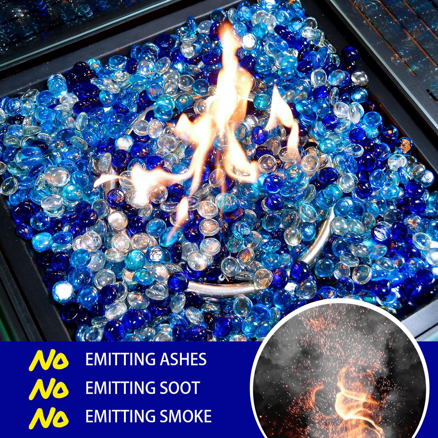RUOJAS 10 Pounds Mixed-Color Fire Glass Beads 3/4 Inch Firepit Gems for Fire Pit Table, Fireplaces, Fire Bowl, Garden Landscaping & DIY Crafts (Cobalt Blue, Oceanic Blue, Crystal Clear)