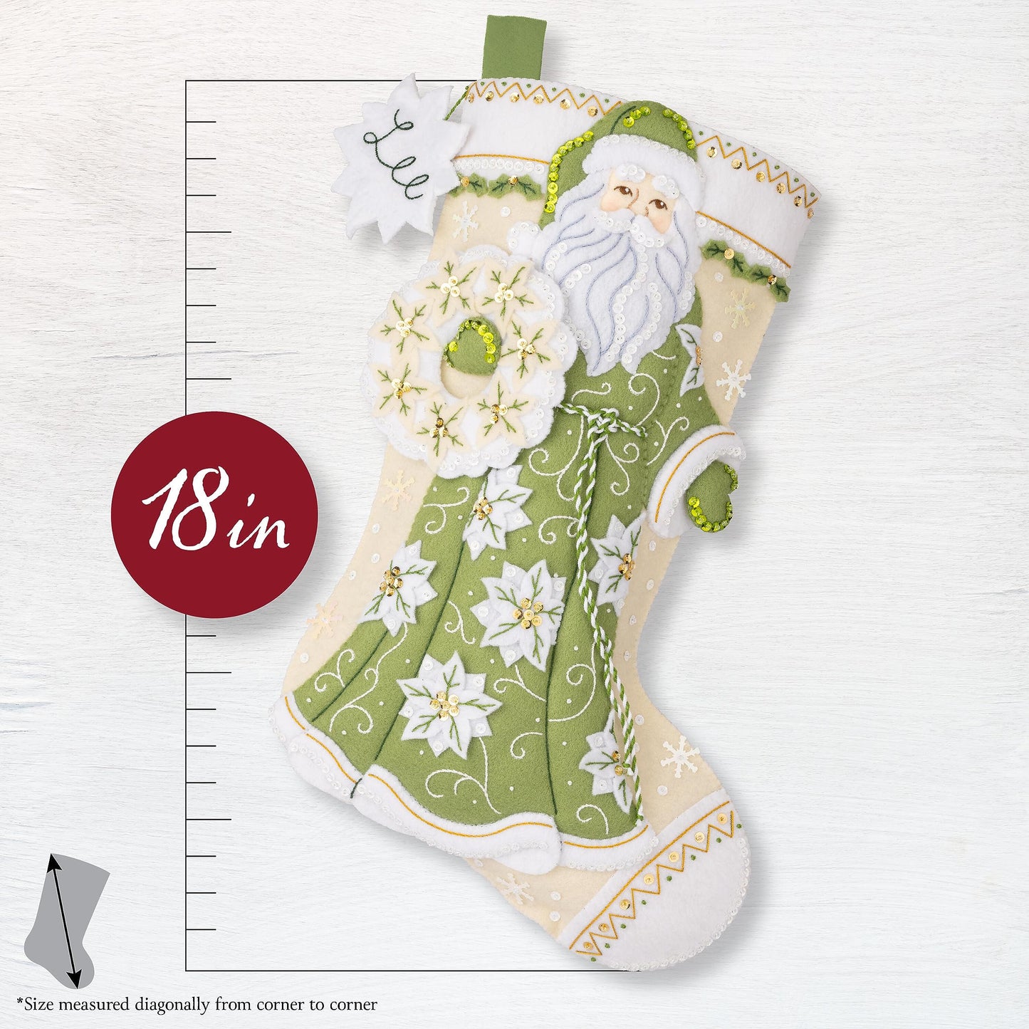 Bucilla Felt Applique 18" Stocking Making Kit, White Poinsettia Santa, Perfect for DIY Arts and Crafts, 89602E