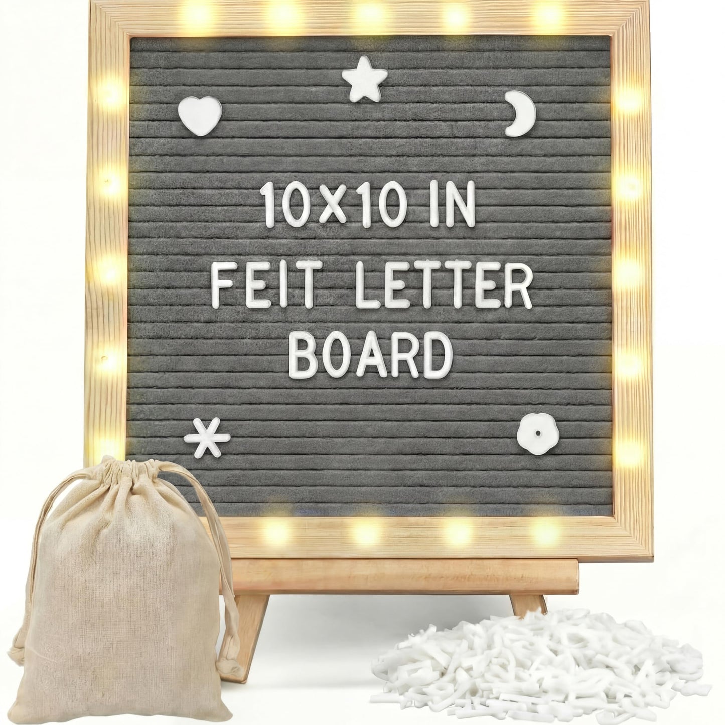 wearage 10x 10 Inch Changeable Felt Letter Board with LED Lights, Message Custom Felt Letter Board with Wooden Stand and 300 Letters for Pregnancy Announcement Classroom Decor Poster (Grey)