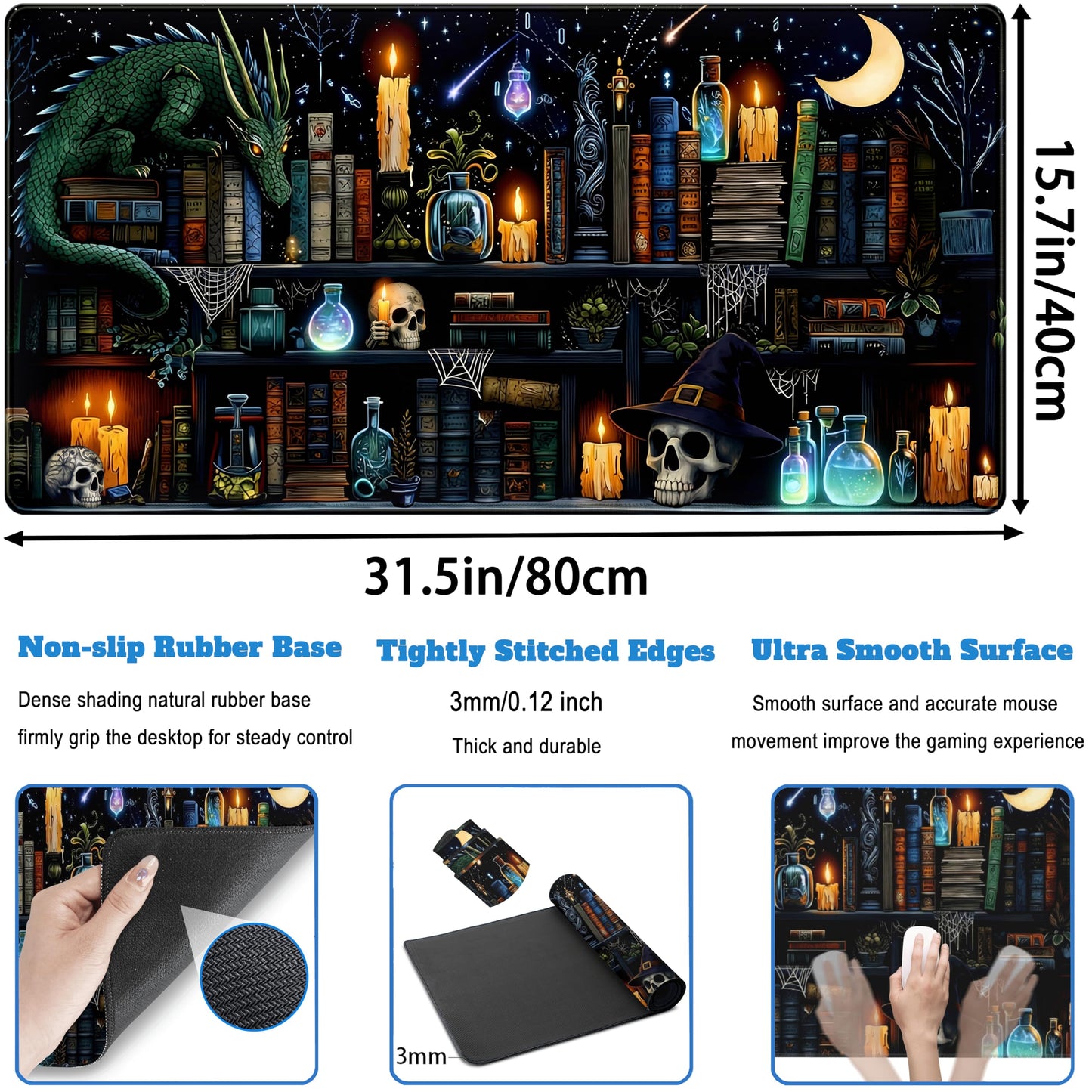 Black Desk Mat Gaming Desk Pad Large Mouse Pad, Mysterious Library Mouse Mat XXL Laptop Keyboard Pad, Vintage Gamer Mouse Pad Full Desk Mousepads Cool Office Desk Accessories 31.5"x15.7"