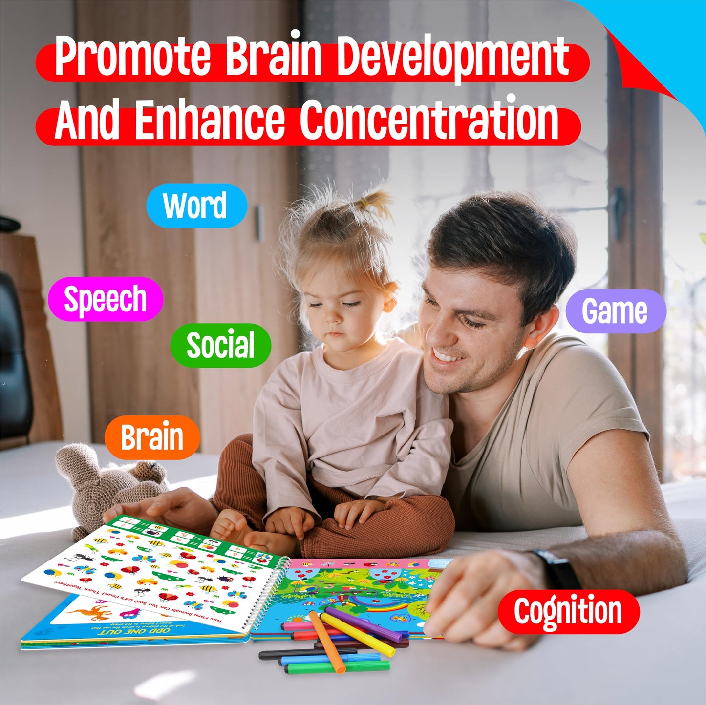 Kids Learning Flipbooks, 8 Board Books & 50 First Word Cards - Alphabet, Numbers, Colors, Shapes, Emotions, Animals, Vehicles & Fun Games Activities, Early Educational Learning Tool For Kids, Children