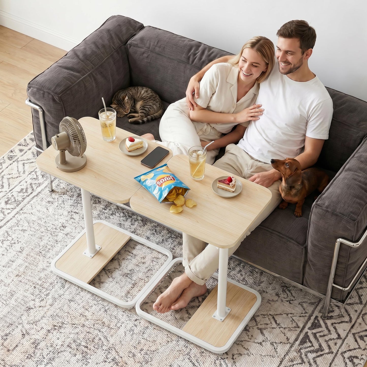 YUHFERA Large TV Tray Table Set of 2, C-Shaped Side Table with Adjustable Height & Rounded Corners, Snack Table for Couch, Bed or Recliner, for Laptop, Eating & Working, Oak