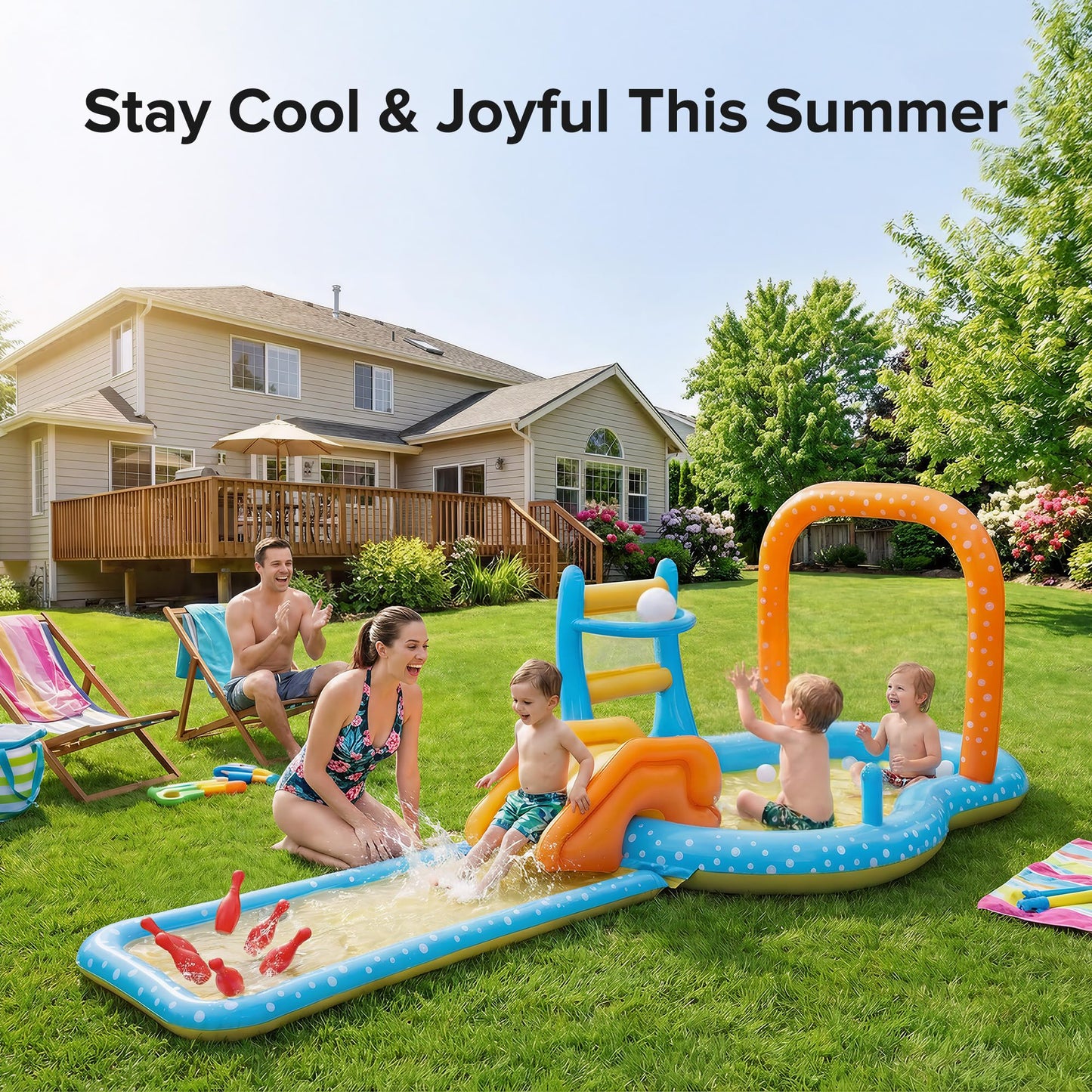 Inflatable Kiddie Pool with Dual Slides, Kids Splash Pool Play Center with Water Slide & Slip Slide, Outdoor Backyard Water Toy for Toddlers