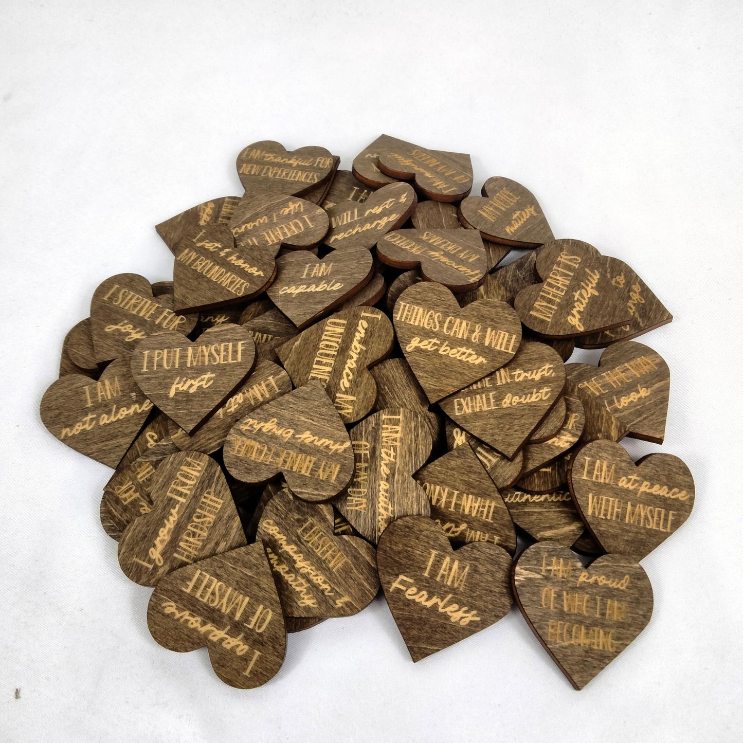 Sunny Lark Positive Affirmation Wood Cutouts | 72 Unique Laser Engraved Wood Hearts with Positive Affirmation Messages | Includes Desktop Affirmation Holder | Daily Motivational Gift