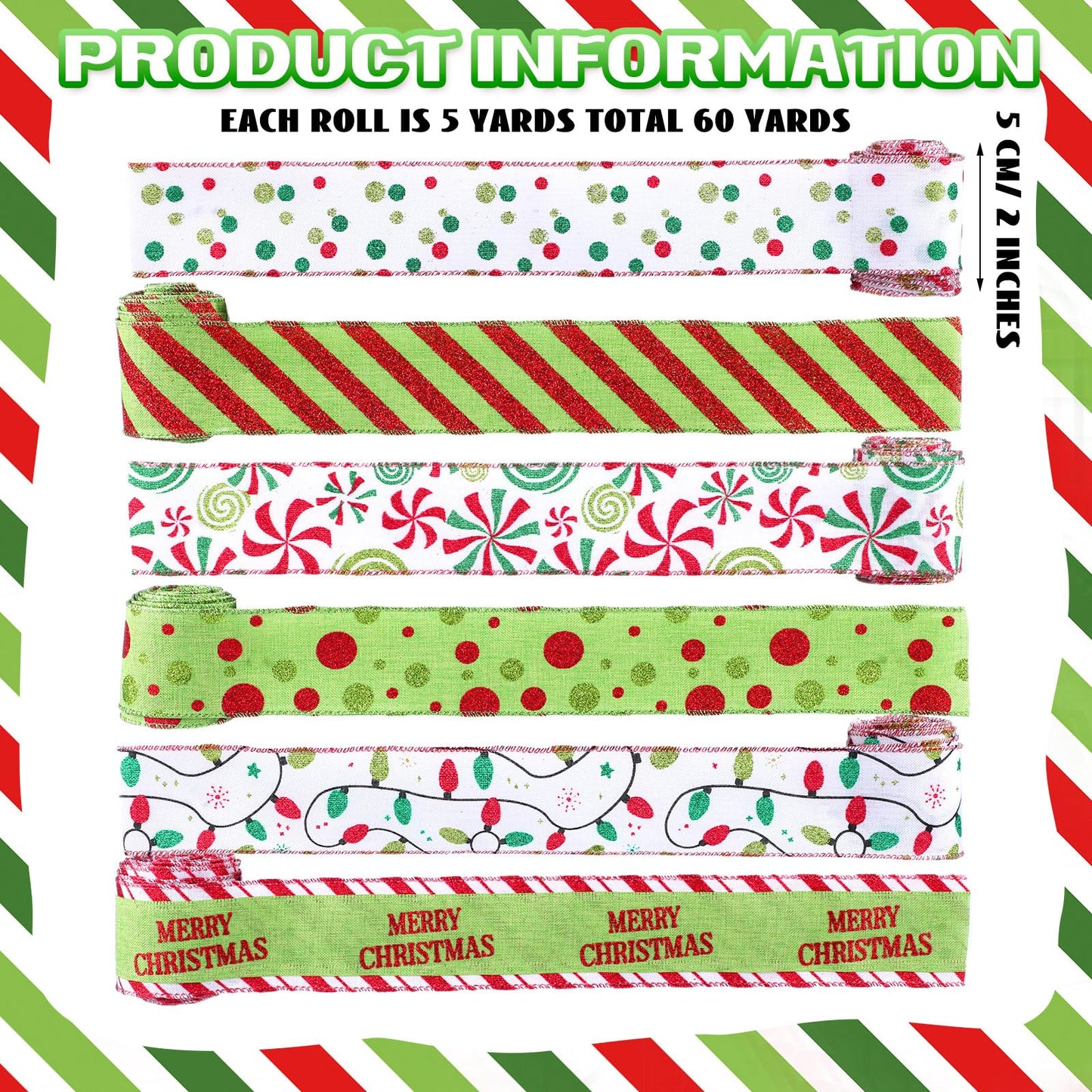Suncalla 6 Rolls 32 yd Christmas Wired Ribbons 2 Inch Glitter Lime Green Stripe Christmas Ribbon Red and Green Polka Dot Bow DIY Crafts for Xmas Tree Wreaths Decor Xmas Gift Wrapping Home Decoration