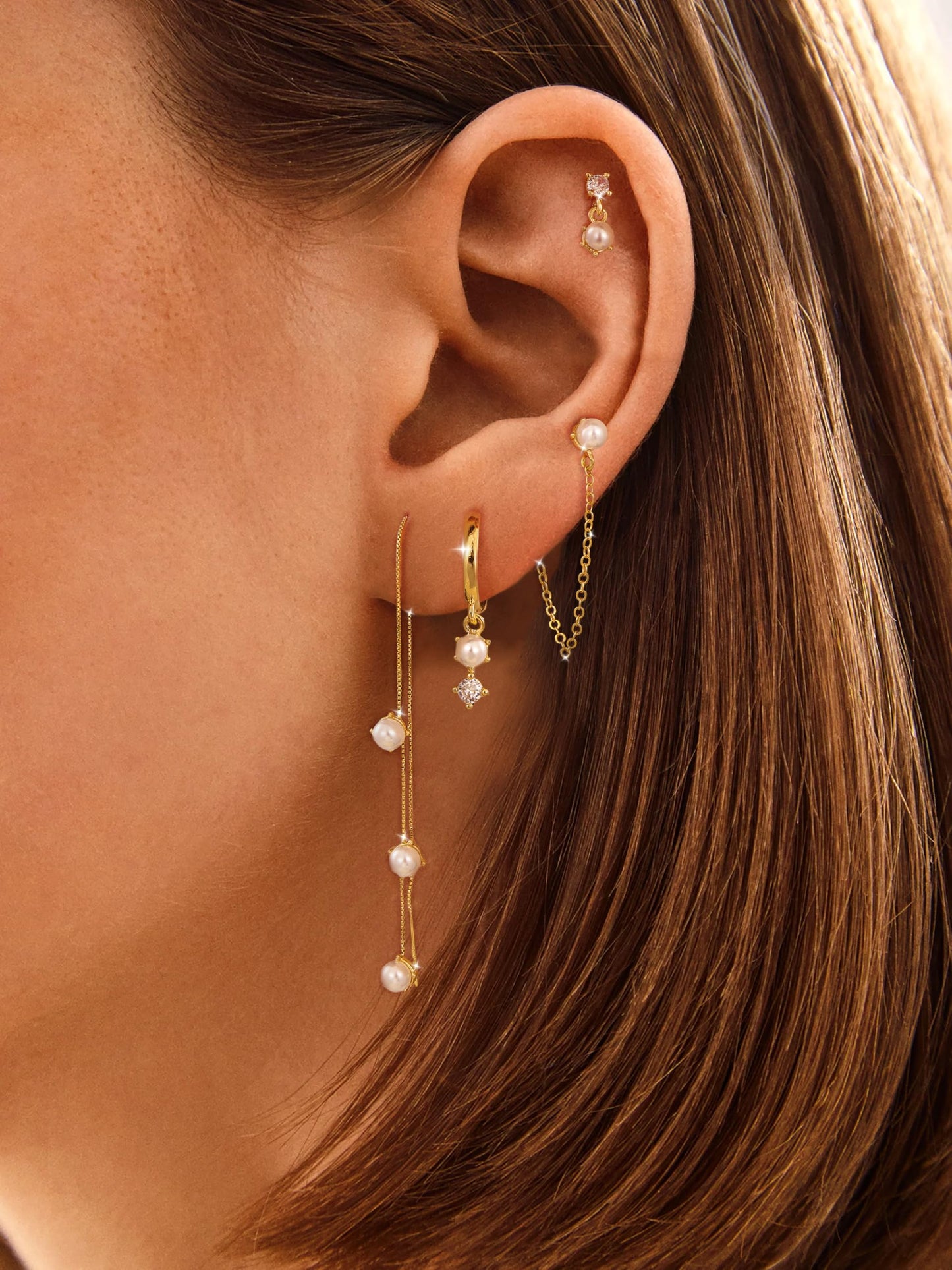 Moodear Dainty Pearl Studs Drop Hoop Earrings for Women - Trendy 14K Gold Plated Dangle Chain Baroque Pearls Hypoallergenic Earring Sets for Multiple Piercing