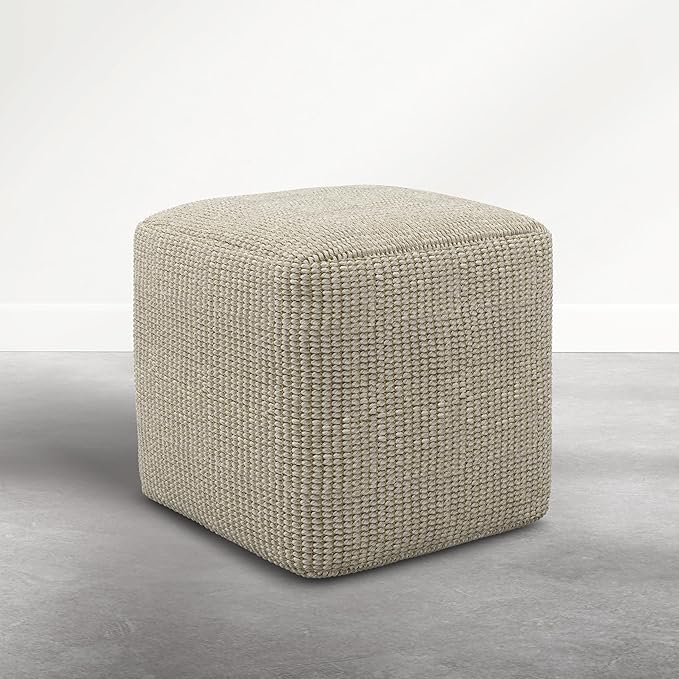 SIMPLIHOME Zelma Square Pouf – 18 inch Wide Upholstered PET Polyester Ottoman in Dune Beige, Boho Indoor/Outdoor Footstool or Extra Seating for Living Room or Patio, Assembled