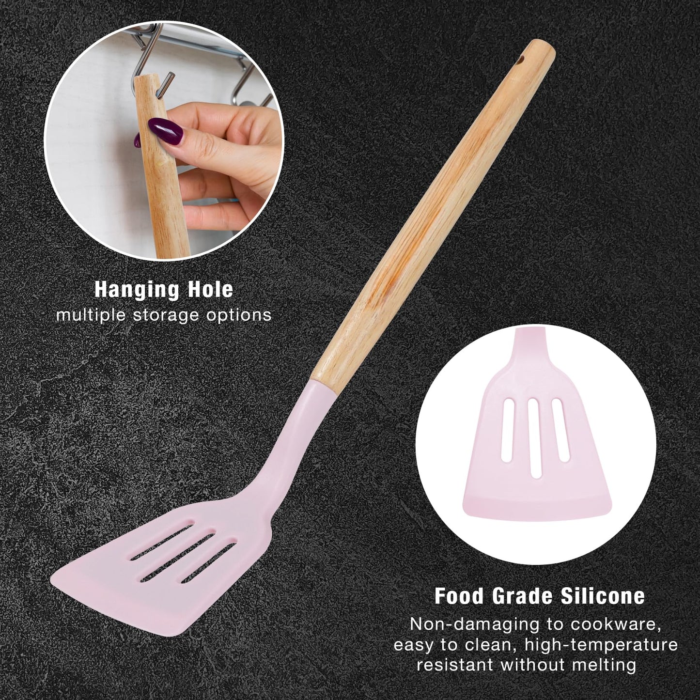 CADABY 19 PCS Kitchen Cooking Utensils Set, 11 Pieces Silicone Cooking Utensils Set 6 Pieces Sharp Stainless Steel Pink Knife Set with 1 Piece Cutting Board, Ideal for Apartment