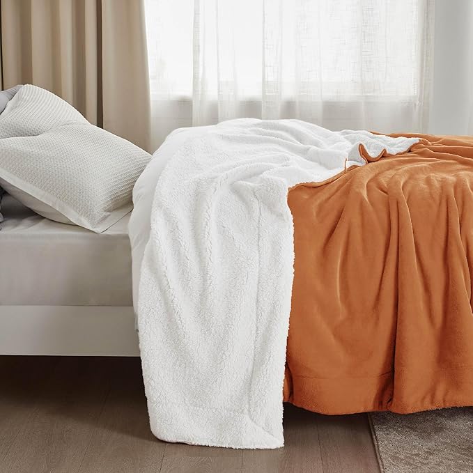 Bedsure Sherpa Fleece Blankets Queen Size for Bed - Thick and Warm, Soft Fuzzy Plush Queen Blanket for Winter, Burnt Orange, 90x90 Inches