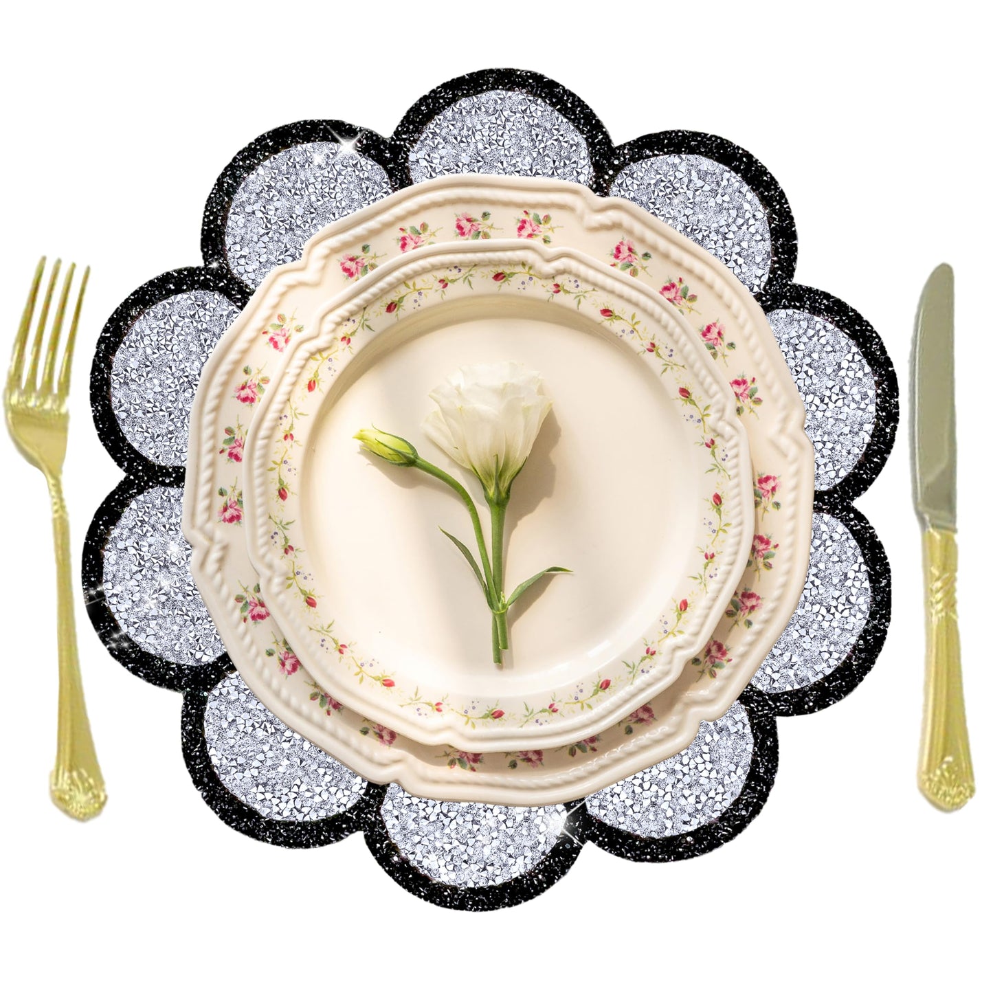 Washable Waterproof Diamond Circle Placemats for Round Tablescape Decor for Dinner and Kitchen Bling Placemats for Weddings & Special Events -2 PCS (Silver and Black)