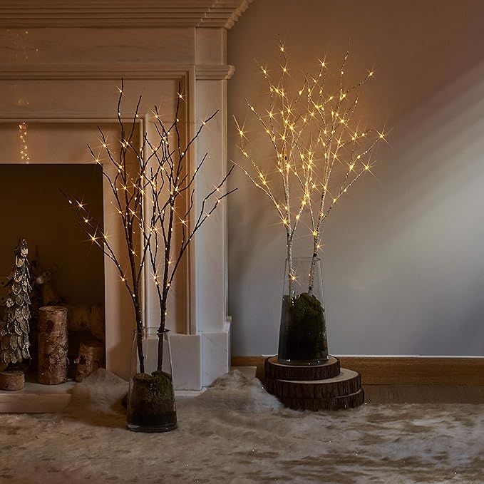 LITBLOOM Lighted White Birch Willow Branches with Timer Battery Operated Set of 2, Tree Branch with Warm White Lights for Holiday and Party Decoration 30IN 100 LED Waterproof