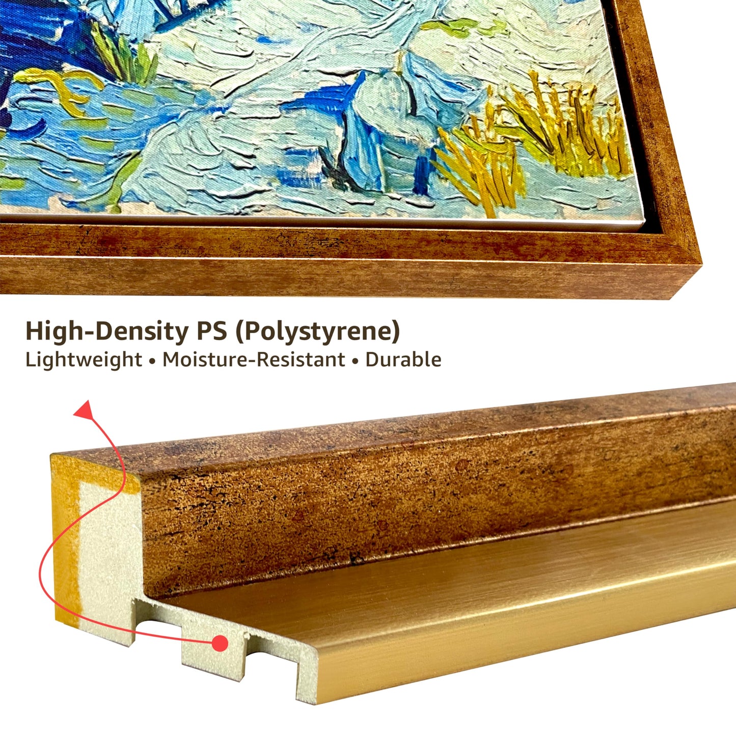 LONG QUAN 16x20 Floating Canvas Frame Kit for 3/4" Deep Canvas, Easy DIY Assembly, Gold Floater Frame for Paintings, Canvas Prints, and Wood Canvas Panels, Durable High-Density PS, Gallery Home Décor