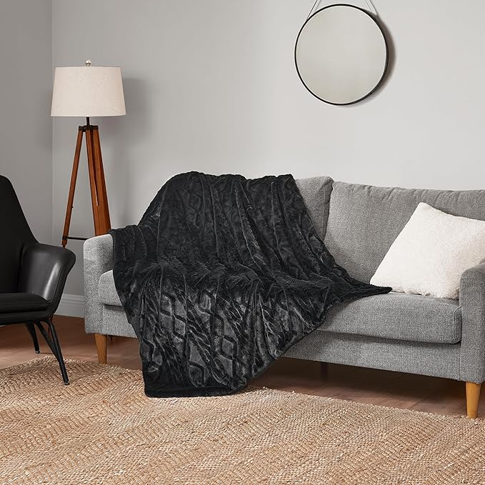 Lucky Brand Embossed Cable Rabbit Faux Fur Throw Blanket - Black - 50"X70" - Plush & Soft