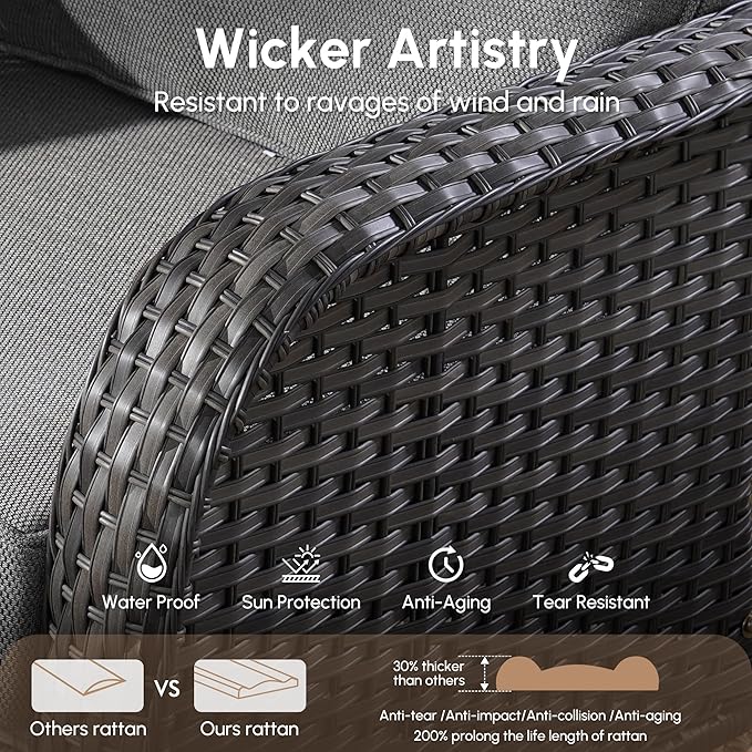 2 Pieces Wicker Patio Furniture Loveseat with Table - Outdoor Rattan Patio Bistro Set of 2,All-Weather PE Wicker Conversation Sofa High Back Deep Seating for Deck Porch Yard,Grey