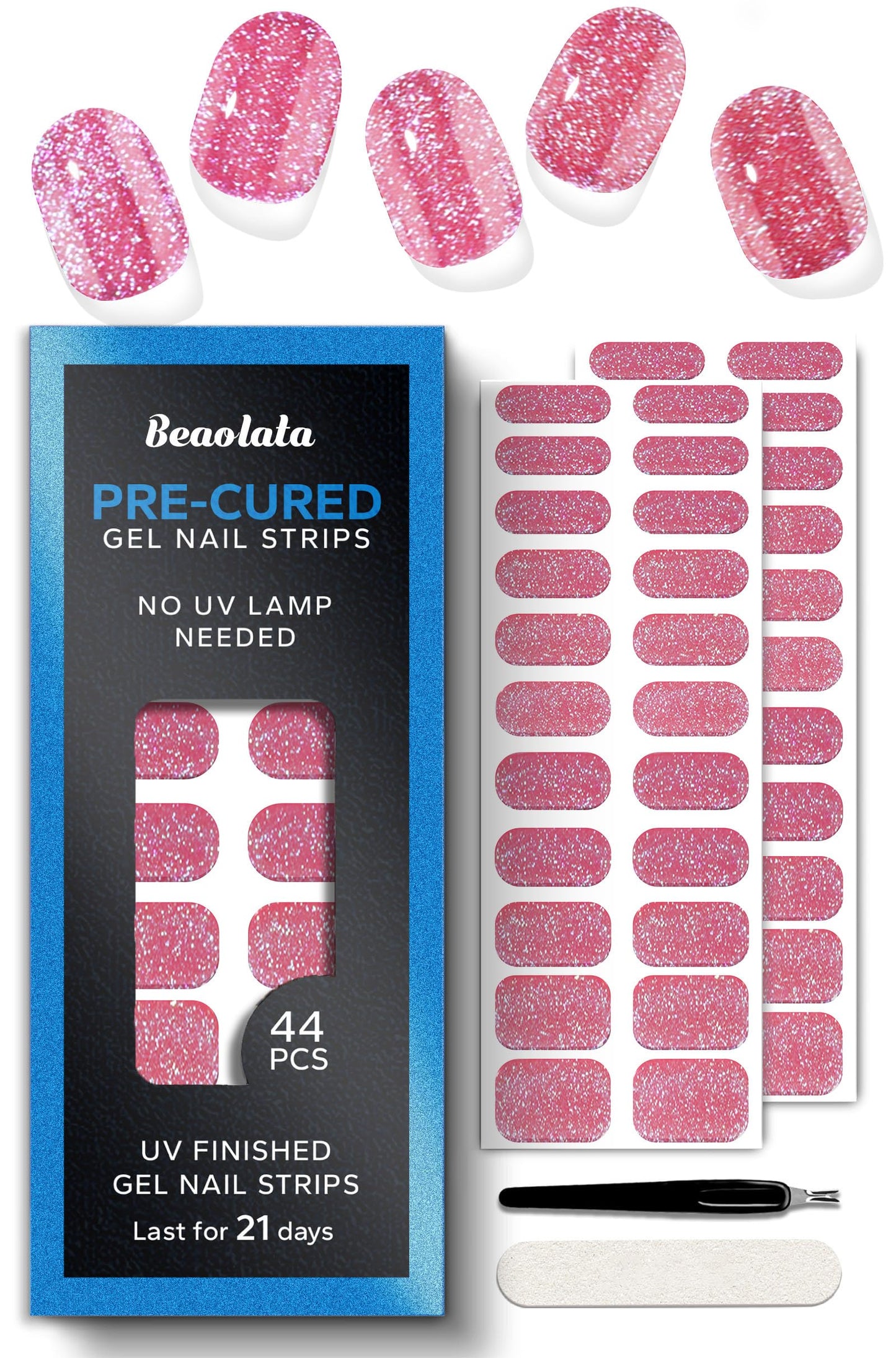 Beaolata Real Gel Nail Strips (No UV Light Needed) - 44Pcs Salon Quality Nail Stickers - Long Lasting Polish Wraps for Women, Easy Apply & Remove (Padparadscha)