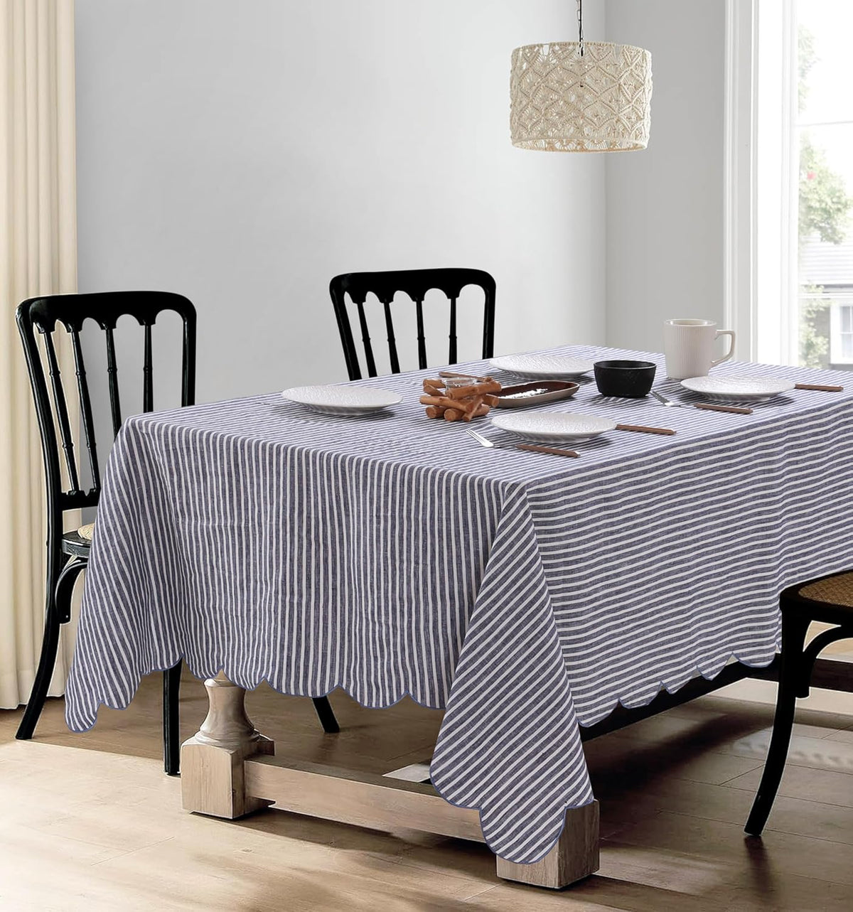 100% French Flax Linen Tablecloths Scalloped Embroidery Rectangle 120Lx60W Inch for Dinners, Parties, Spring, Machine Washable, 10-12 Sets, Blue Stripe(Edges-Blue)