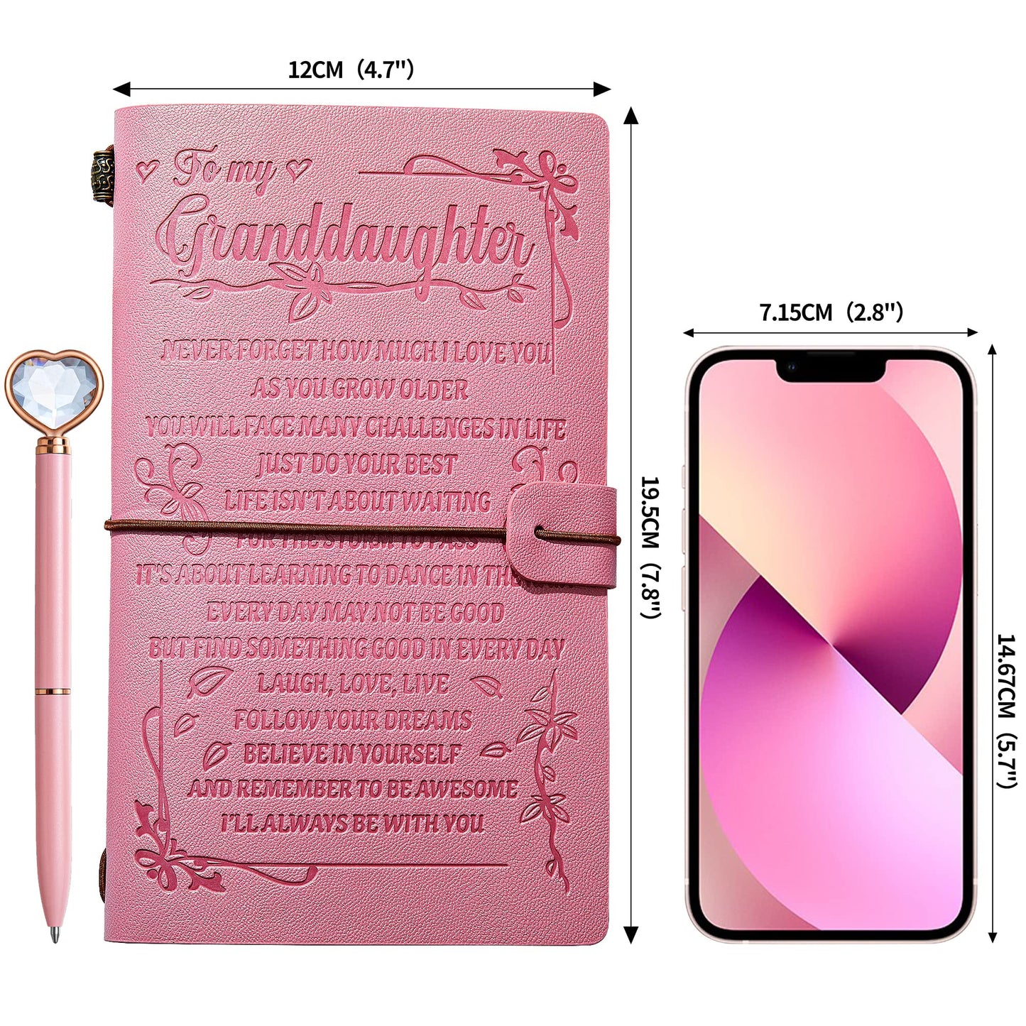 To My Granddaughter’s Gift Pink Leather Journal+Heart Diamond Pen Set ,Engraved Notebook Writing Journal,Refillable Notepads,Travel Diary Graduation Back to School,Christmas,Birthday Gifts for