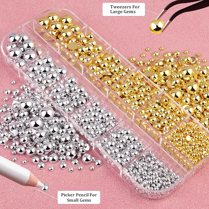 Belleboost Flat Back Pearls Kits, Flatback Half Round Silver Gold Pearls for Bedazzling with Pickup Pencil and Tweezers for Crafting Home DIY and Professional Nail Art, Face Makeup and Craft