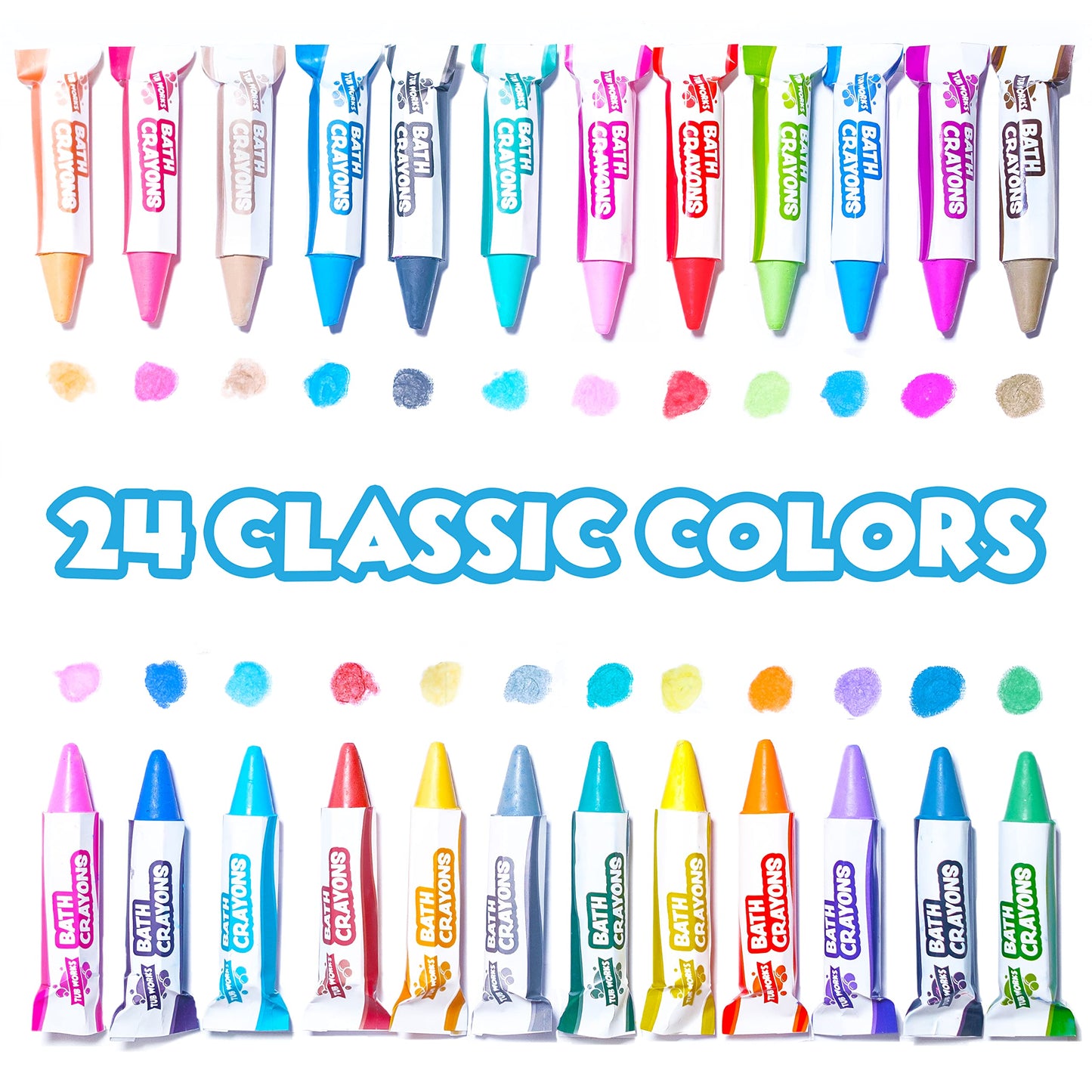 Tub Works® Smooth™ Bath Crayons Bath Toy, 24 Pack | Nontoxic, Washable Bath Crayons for Toddlers & Kids | Unique Formula Draws Smoothly & Vividly on Wet & Dry Tub Walls | Hexagon Grip Bathtub Crayons
