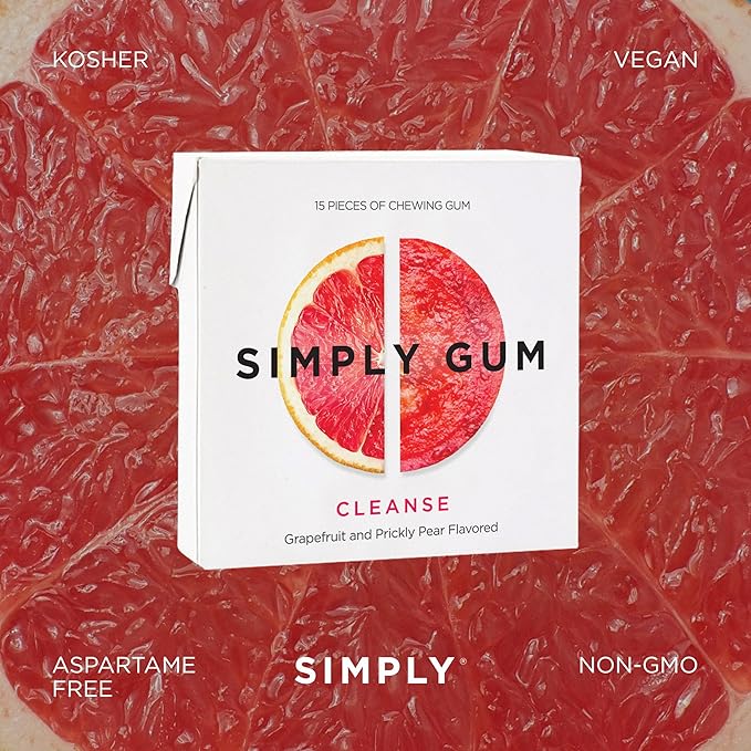 SIMPLY Gum Cleanse (Grapefruit and Prickly Pear), Plastic-Free Natural Chewing Gum, 6 Pack (90 Pieces) | Vegan, Kosher, Non GMO, Aspartame Free and Sorbitol Free