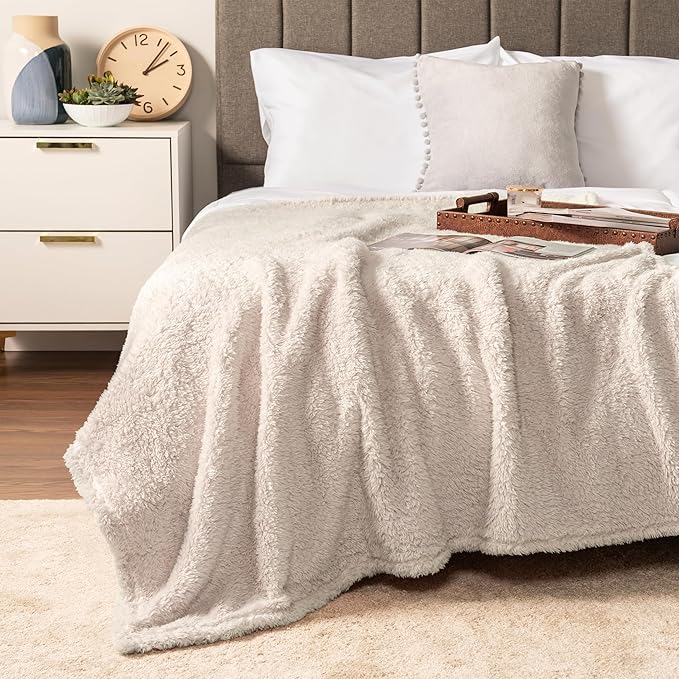 PAVILIA Sherpa Throw Blanket for Couch Sofa, Cream Beige Fluffy Warm Plush Blanket for Twin Bed, Cozy Super Soft Lightweight Throw, Fuzzy Decorative Blanket, All Season Home, 60x80
