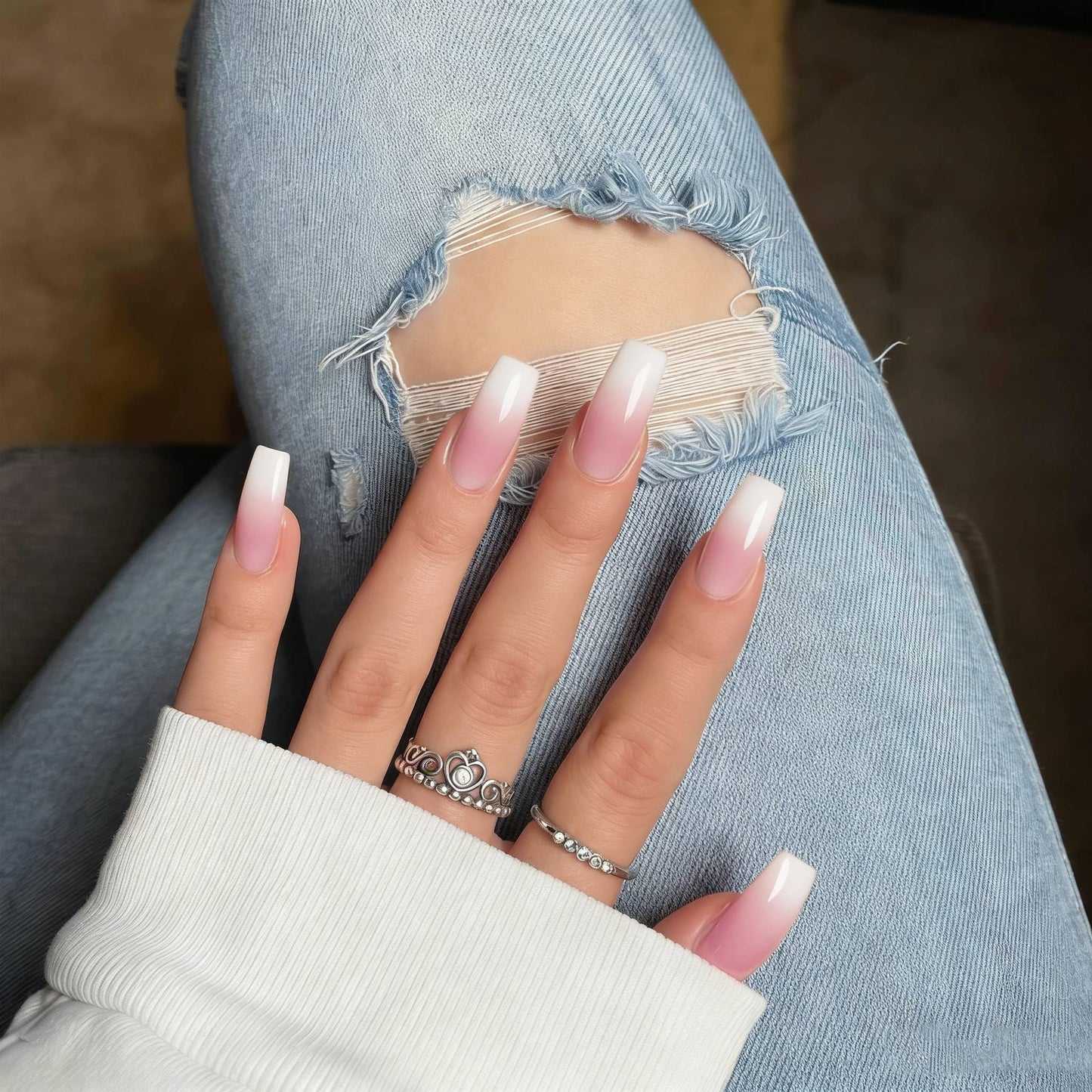 KQueenest Ombre Pink Press on Nails Long Medium Square, Gradient White French Fake Nails Medium Coffin, Glossy Acrylic Nails Press ons, Reusable Soft Gel Glue on Nails for Women Summer