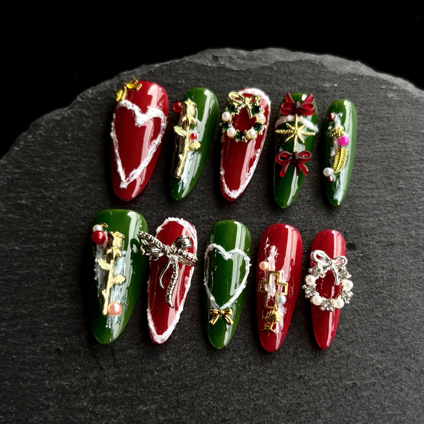 Handmade Press on Nails Medium Almond- Long Fake Nails,3D Unique Reusable ABS Material Fake Nails, Cartoon Snowflake Design False Nails (M, 001)